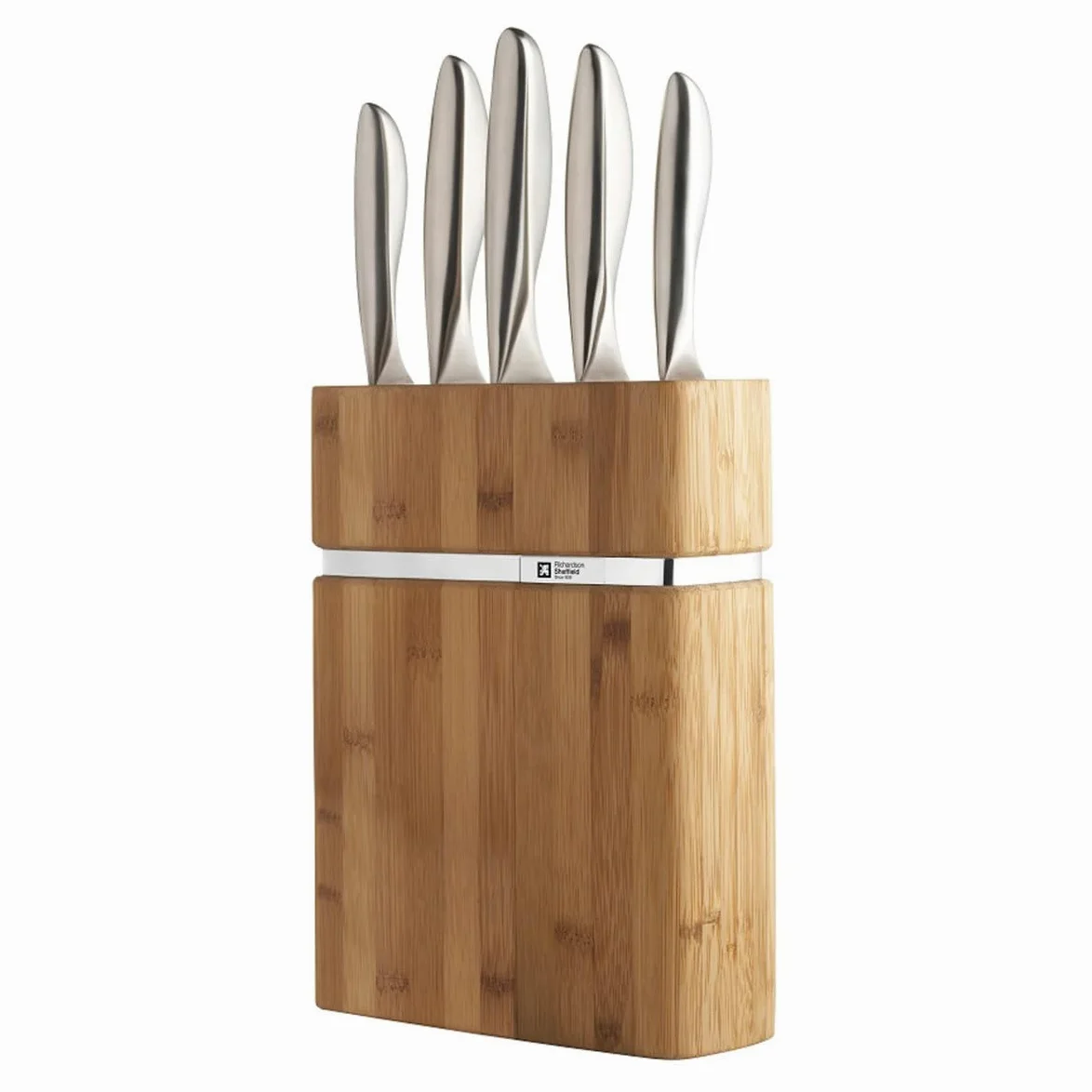 Richardson SHEFFILED - Bloc avec 5 Couteaux de Cuisine : Office, utile, Chef, découper et Pain - Forme - Acier 13 C Finition Manche Toucher sensitif Tout INOX - 18 x 7.5 x 18 cm - INOX/Bois