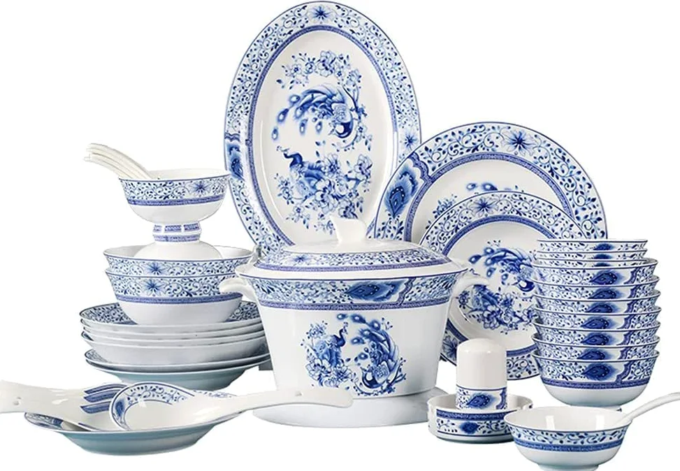 Ensembles de Vaisselle Traditionnelle Chinoise, 56 pièces en Porcelaine Bleue et Blanche, Ensembles de Vaisselle, Assiettes à dîner, Bols et soucoupes, Service (