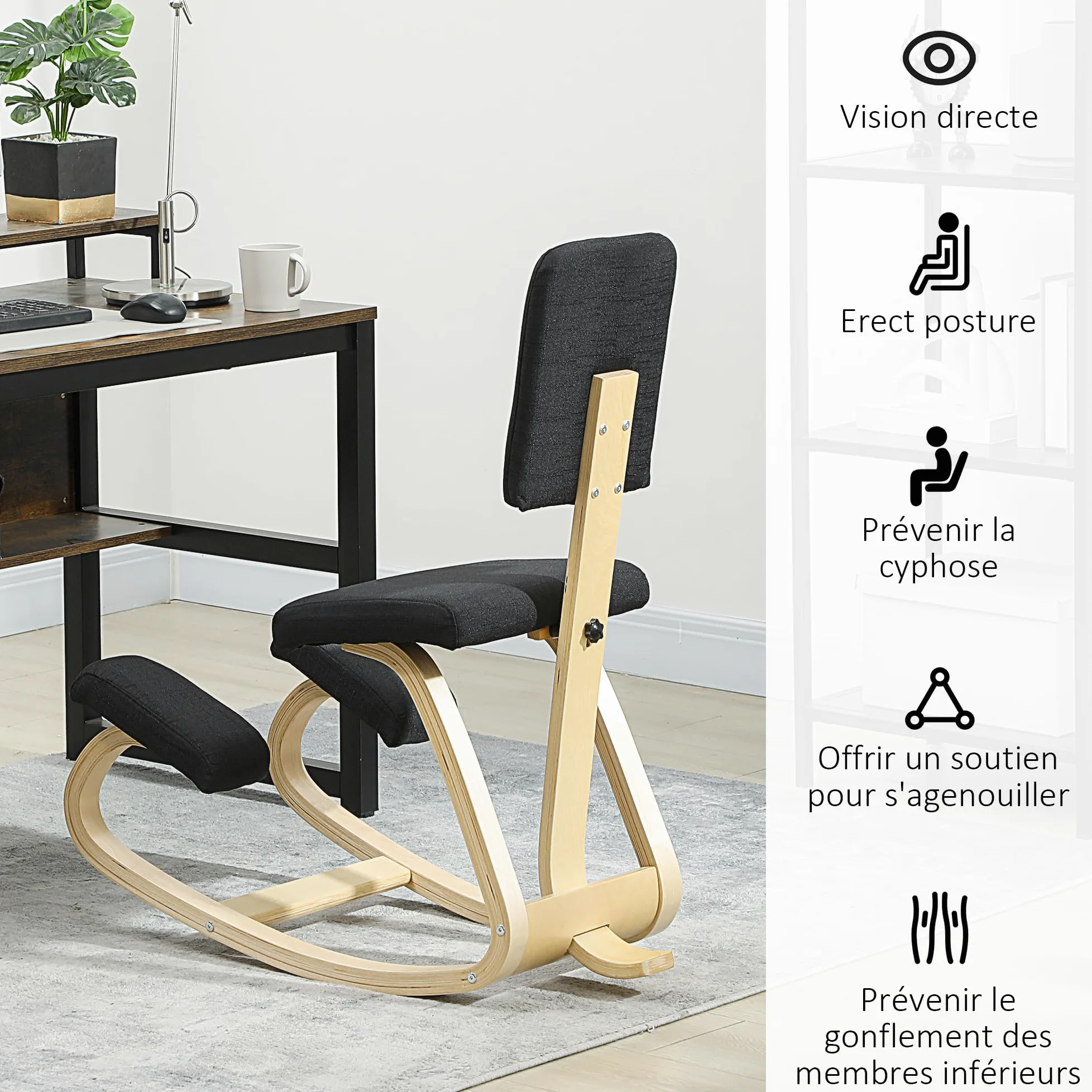 HOMCOM Chaise à Genoux Ergonomique avec Dossier, siège Assis Genoux à Bascule, Tabouret Ergonomique, Tabouret Bureau orthopédique, correcteur de Posture, soulager Les douleurs au Dos, Noir