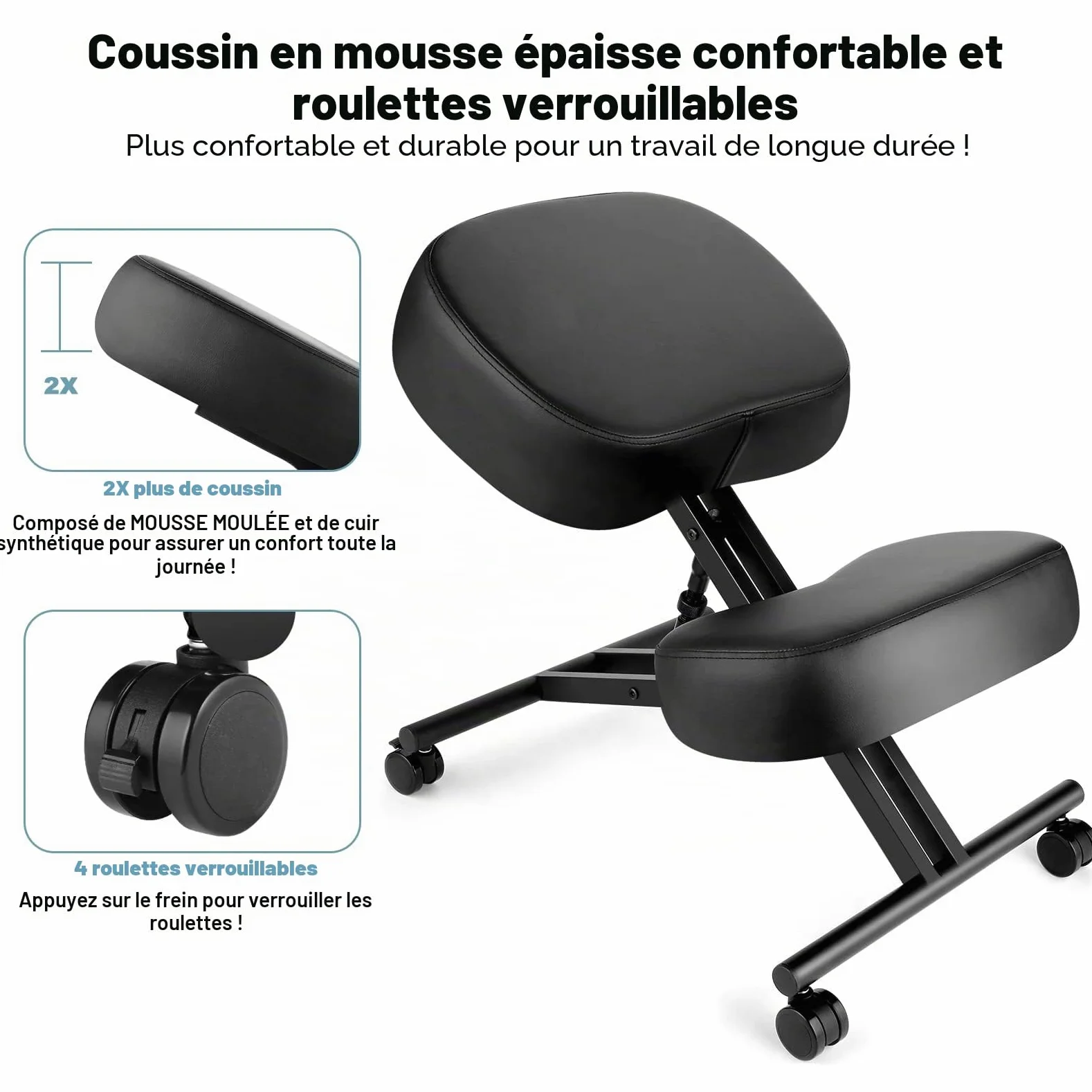 Chaise à Genoux de Bureau Ergonomique, Tabouret Genoux pour la Maison et Le Bureau, Chaise pour Ordinateur avec roulettes, Réglable Hauteur, Structure de Métal, Faux Cuir, Rembourrée