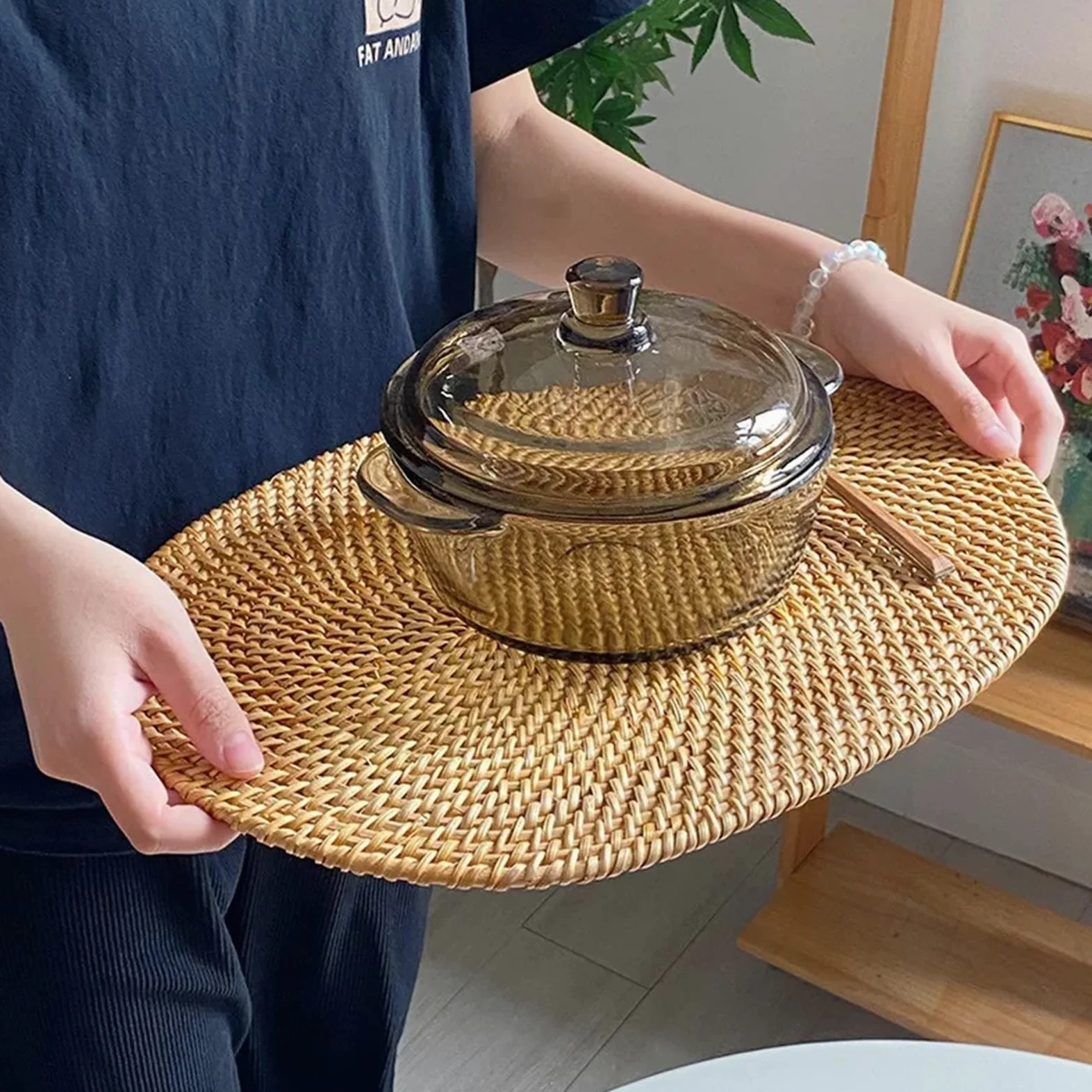 Sets de Table en Osier Napperon Ovale tissé en rotin, 1 pièce, antidérapant, résistant à la Chaleur, Tapis de décoration Table Manger Cuisine Domicile(L)