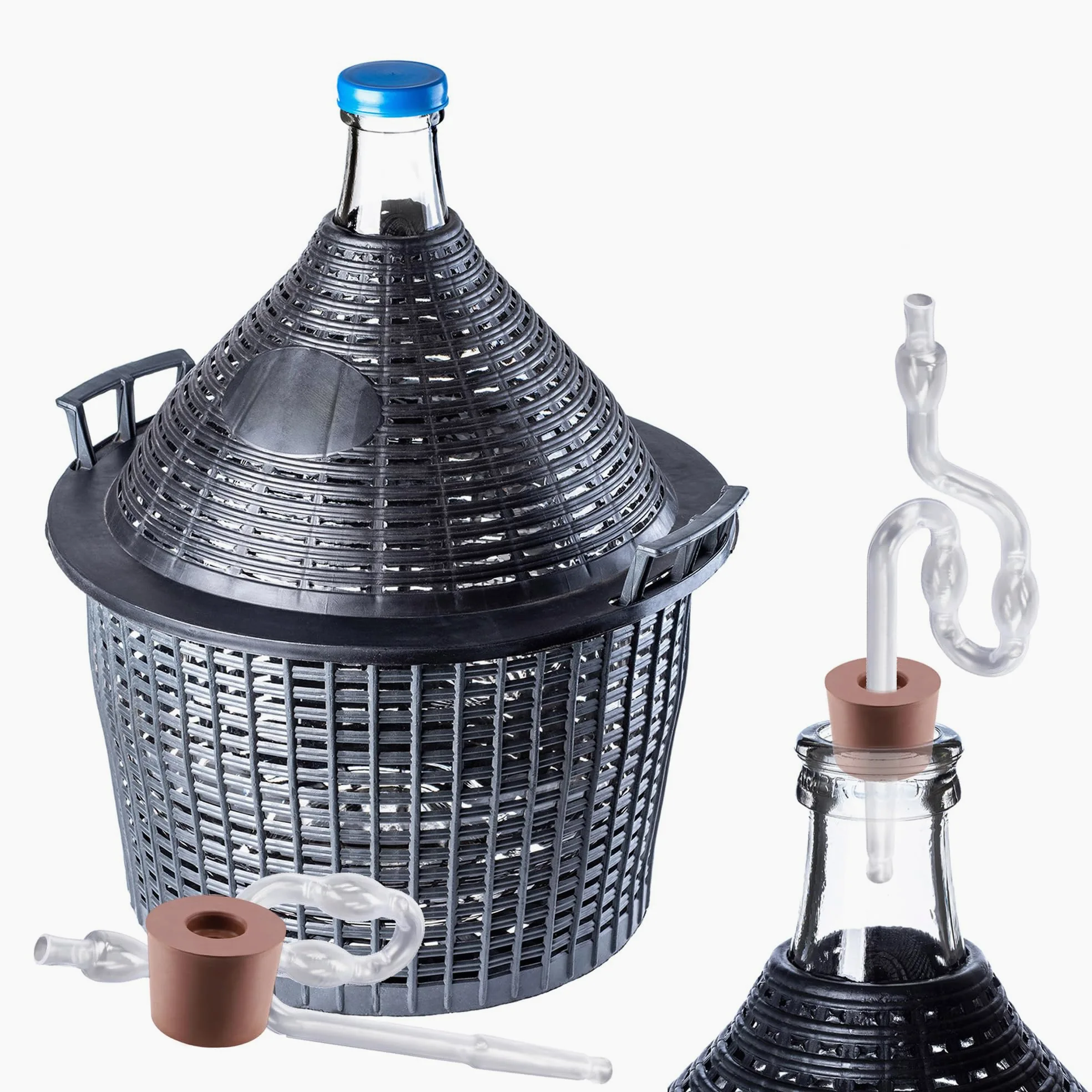 KADAX Lot de ballons en verre de 15 l, avec panier en plastique et accessoires de fermentation, bouchons en caoutchouc, tubes de fermentation, ouverture étroite, ballon à vin, bouteille, bouteille en