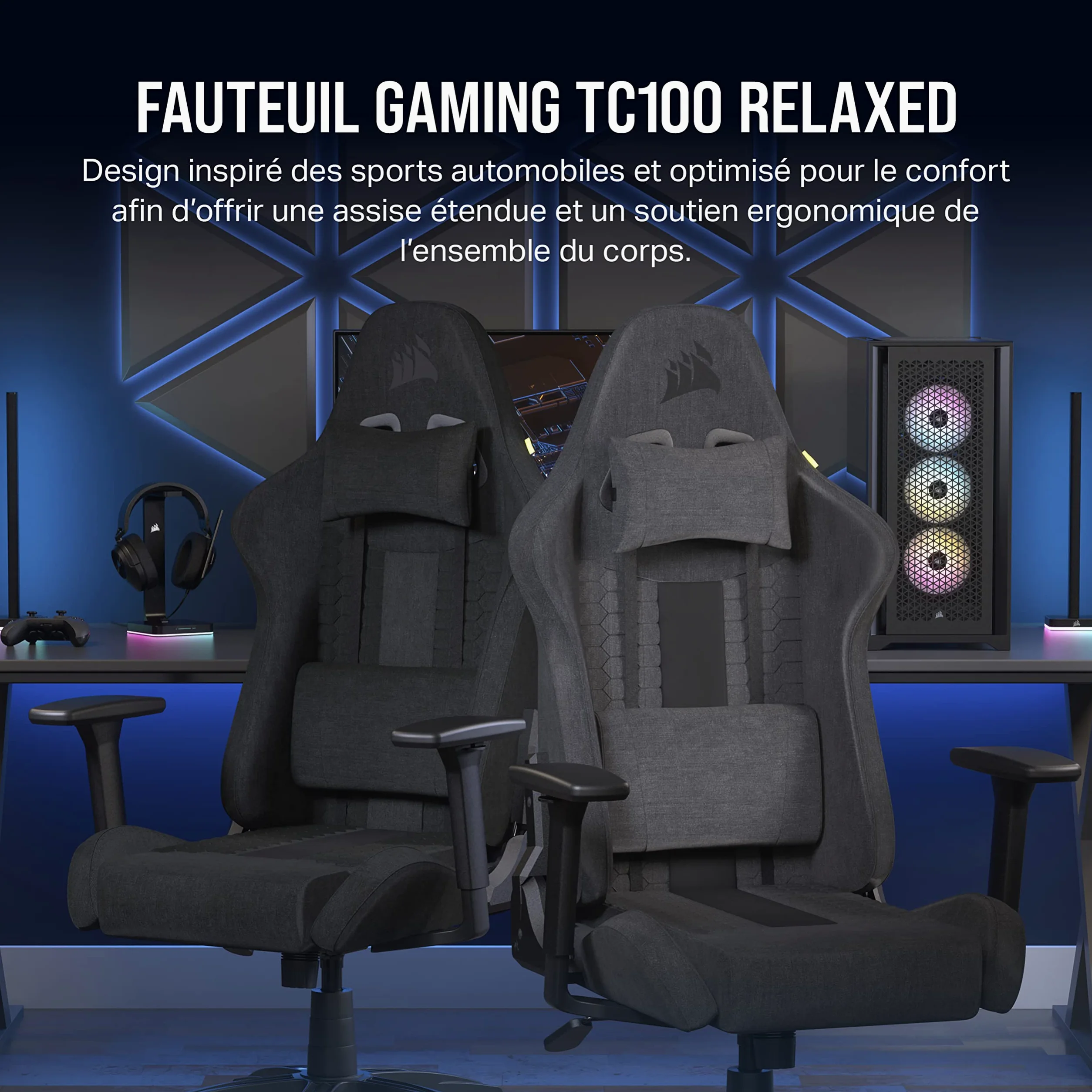 Corsair TC100 Relaxed Fauteuil Gaming – Gris et Noir | Tissu, Design Inspiré des Sports Automobiles, Coussin Lombaire, Coussin Repose-nuque Détachable en Mousse à Mémoire de Forme
