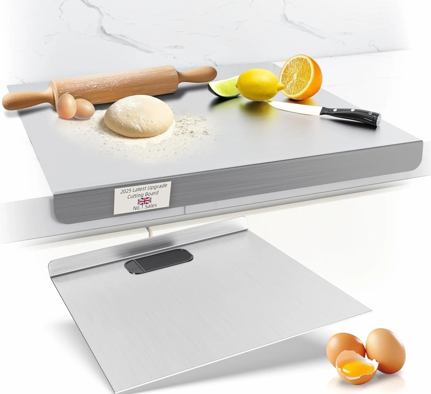 Plaque Inox Cuisine en acier Inoxydable, Planche a Decouper Inox, Protege Plan de Travail Cuisine avec bord d'arrêt, Planche à Pétrir Inox pour Pain et Pizza(Hauteur 2cm) (60x70cm)