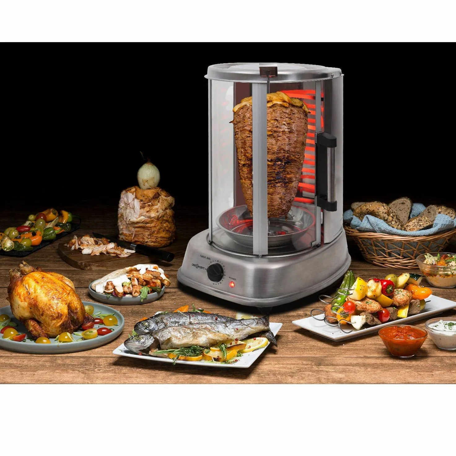 oneConcept Kebap Master - Rôtissoire verticale, Machine à kebab, Grill vertical, puissance max. 1500W (Argent avec Porte)