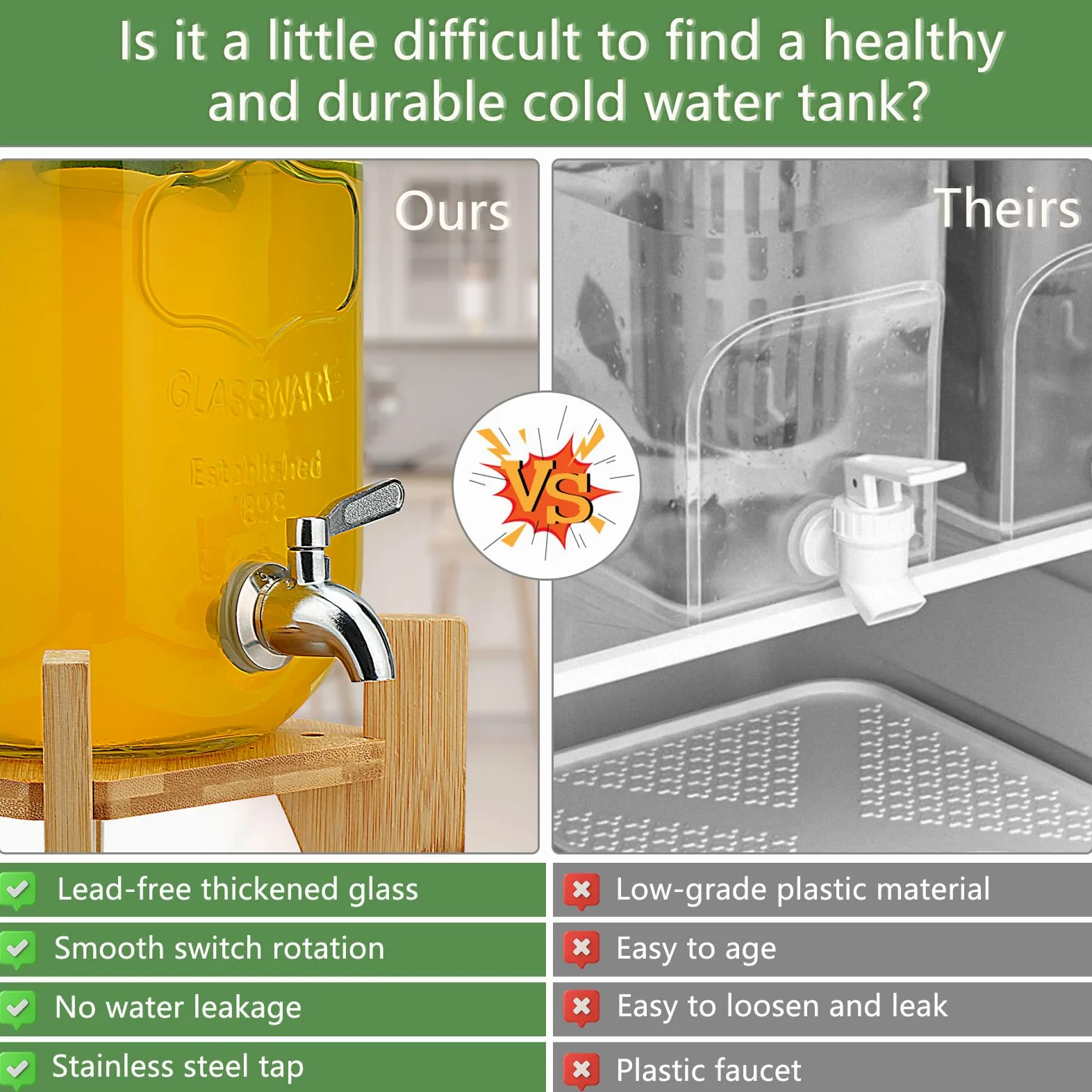4L Distributeur de Boissons en Verre avec Robinet Support, bonbonne de Jus de Fruits avec robinet pour BBQ, jarre cocktail, fêtes à la piscine et réunions de famille pendant les vacances