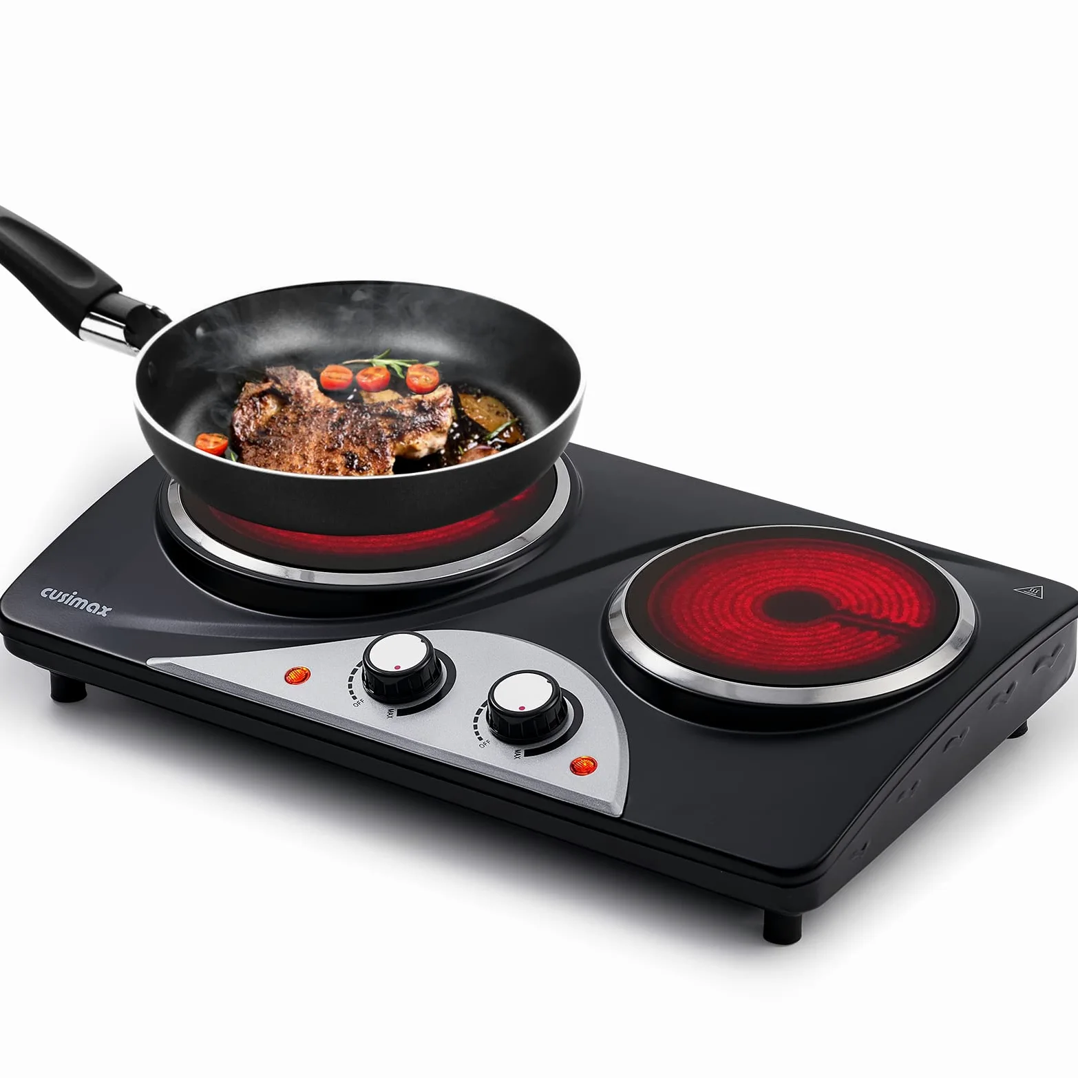 Plaque de cuisson électrique double CUSIMAX 2100W avec chaleur infrarouge, idéale pour la cuisine, le jardin et le camping, plaque de cuisson en acier inoxydable avec thermostat réglable