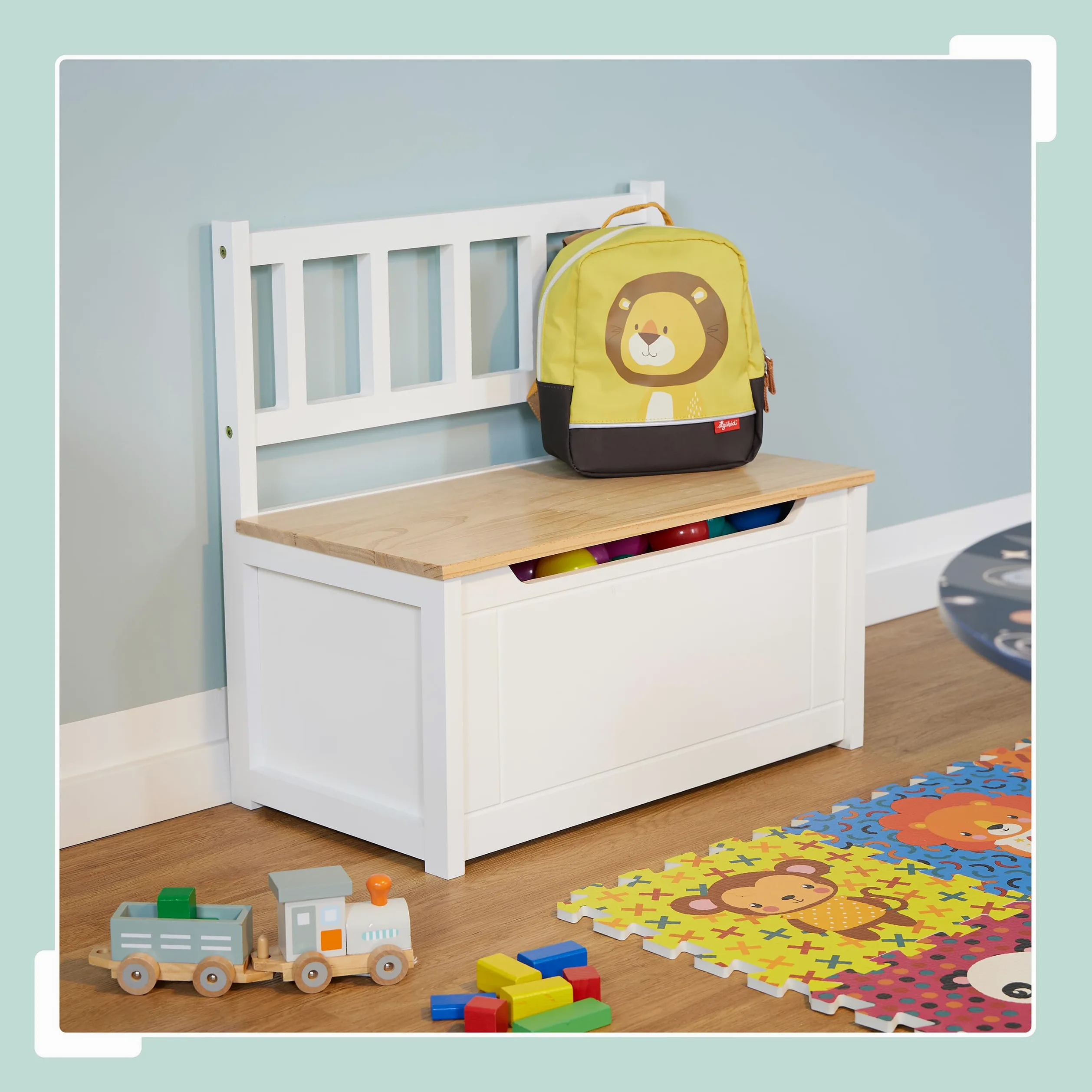 Relaxdays Banc de Rangement pour Votre Enfant, Couvercle Pratique, H x L x P : 55 x 57 x 31 cm, Blanc et Nature