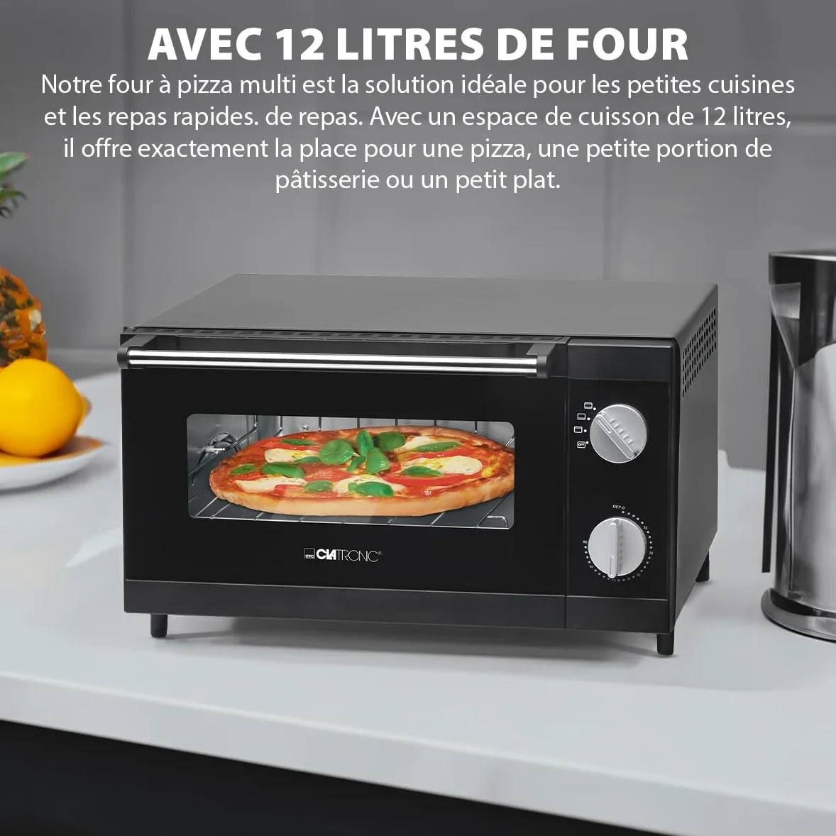 Clatronic Four à pizza avec espace de cuisson de 12 litres | idéal pour griller et réchauffer | Four avec chaleur supérieure et inférieure | Mini-four avec minuterie de 60 minutes | MPO 3520