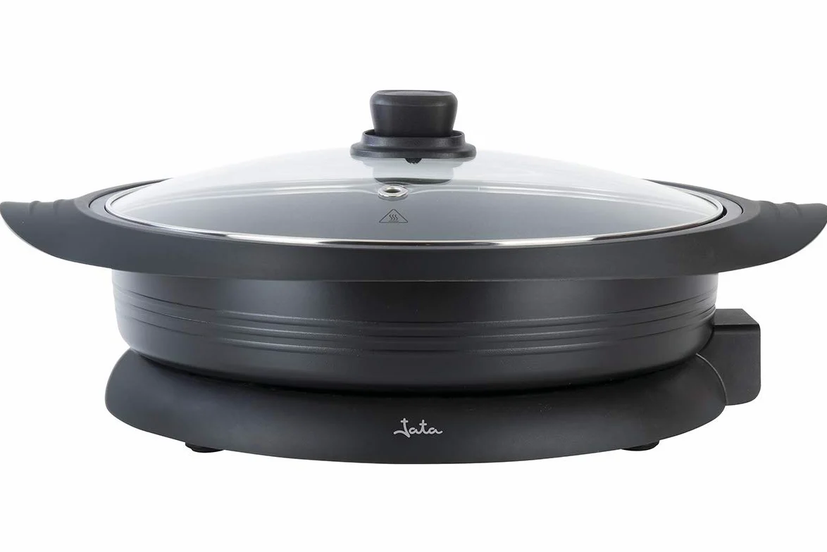 Jata PE640 Poêle à paella électrique de 34 cm de diamètre et 7,5 cm de profondeur. Couvercle en verre avec valve de sortie de vapeur. Répartition de la chaleur uniformément sur toute la surface.