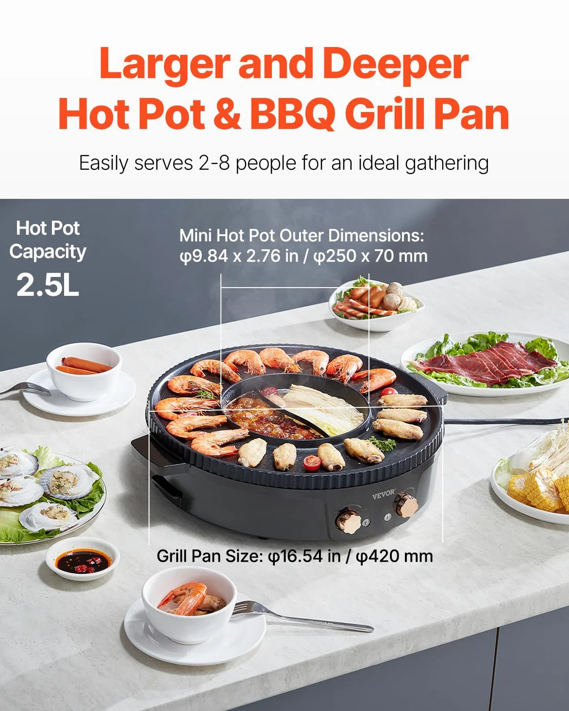 VEVOR Appareil à Fondue Chinoise avec Gril 2-en-1, Hot Pot Électrique 1800 W, Fondue Électrique avec Double Contrôle de Température Séparé, Poêle Antiadhésive, pour Barbecue Coréen Shabu Shabu Hotpot