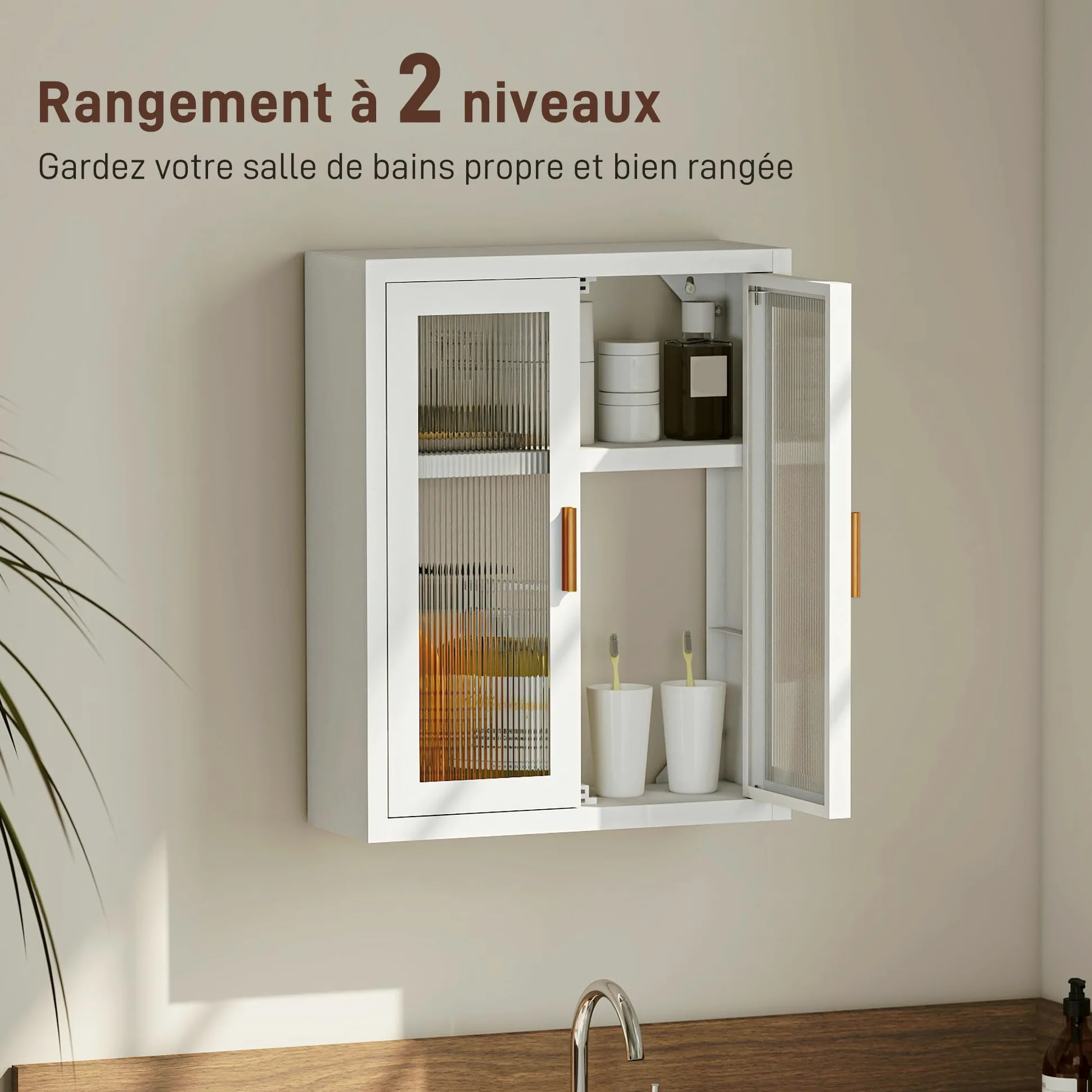 HOMCOM Armoire Murale de Salle de Bain métale, 40 x 14 x 50 cm, Meuble de Rangement Suspendu avec 2 Portes cannelées en Acrylique et étagère réglable, Métal, Blanc