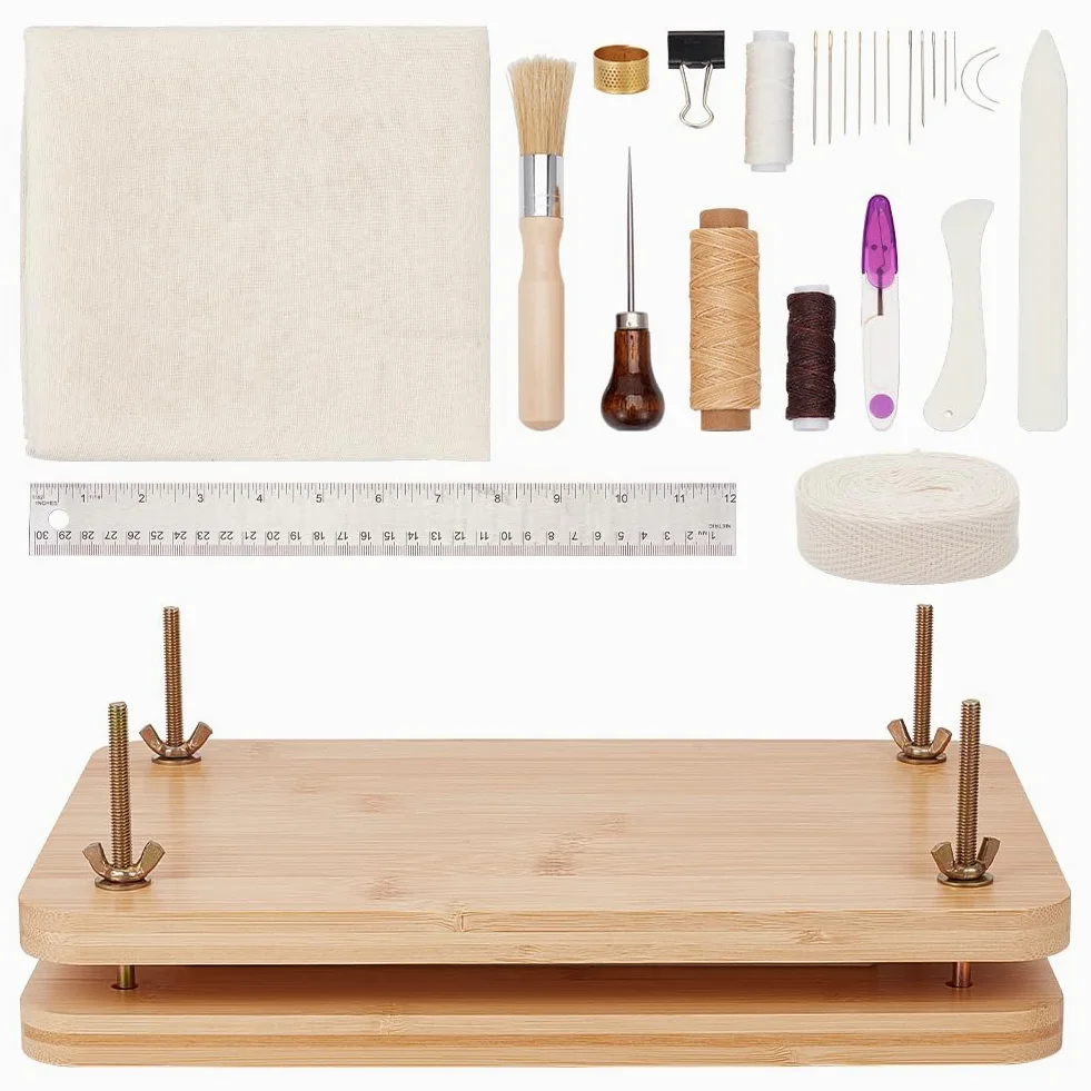 OLYCRAFT Kits de Reliure de Livres Fournitures de Reliure Ensemble D'Outils de Démarrage de Reliure de Livres avec Outil de Presse de Livre en Bois Tissu en Coton Règle en Tissu Dé à Coudre