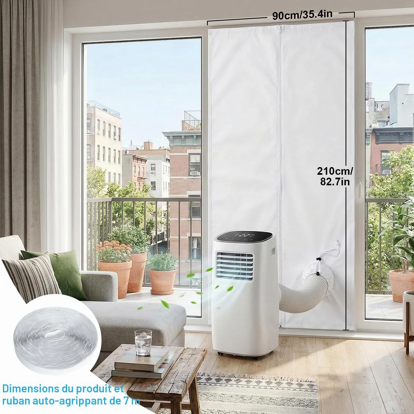 Kit d'Étanchéité Porte et Fenêtre pour Climatiseur Mobile Qoosea - 90x210cm avec Passage à Cordon et 7m de Bandes Adhésives pour Portes Coulissantes et Fenêtres