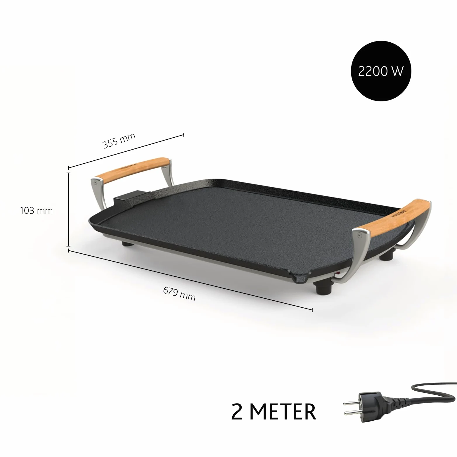 Boska Plancha Électrique Pro – Plaque Teppanyaki 35x56 cm – Revêtement Céramique sans PFAS – Thermostat Réglable – Écoulement des Graisses – Poignées en Chêne – Noir