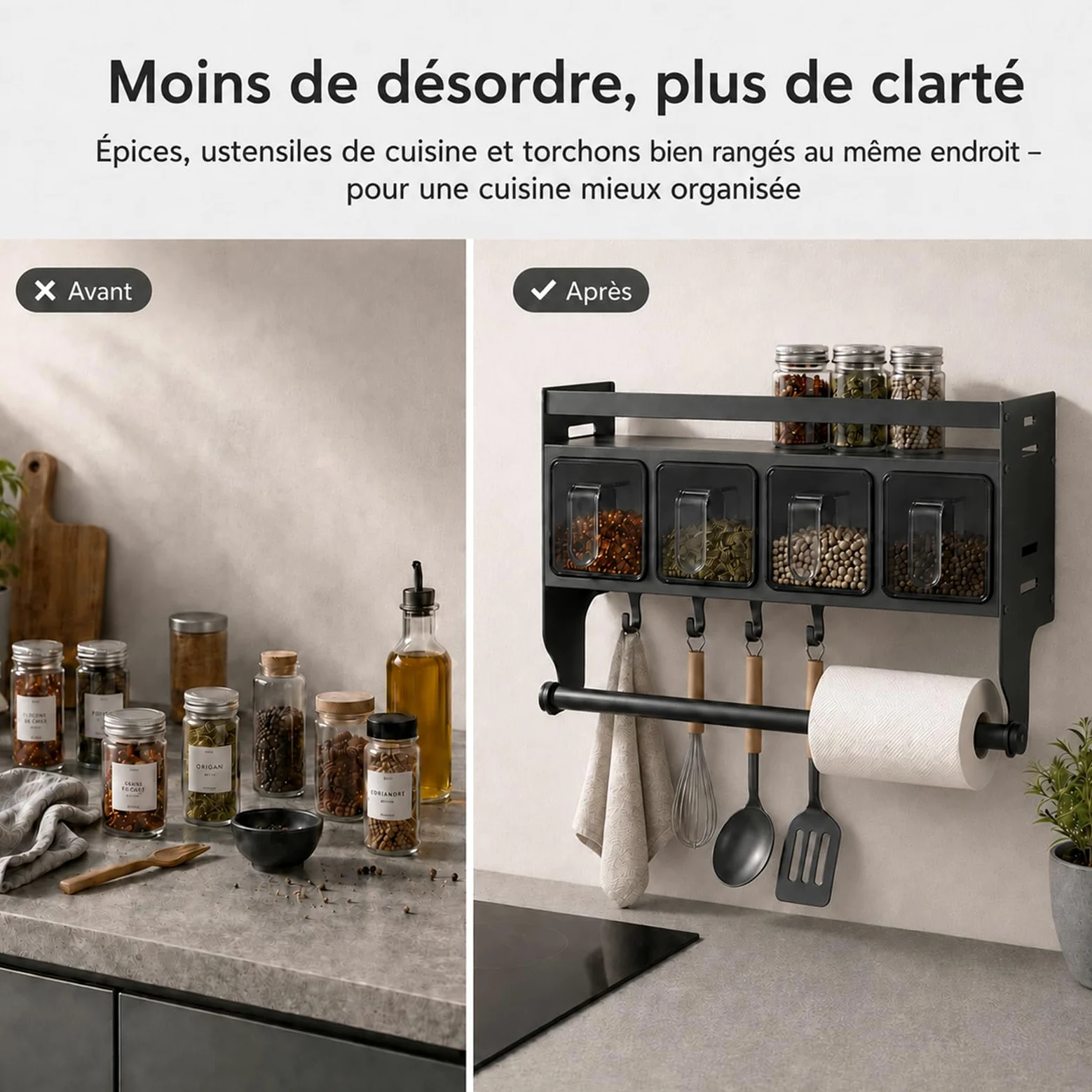 Porte-épices sans perçage, porte-épices pour cuisine à suspendre, avec porte-rouleau d'épices mural avec pots pour le stockage dans la cuisine d'épices,huile (avec 4 boîtes