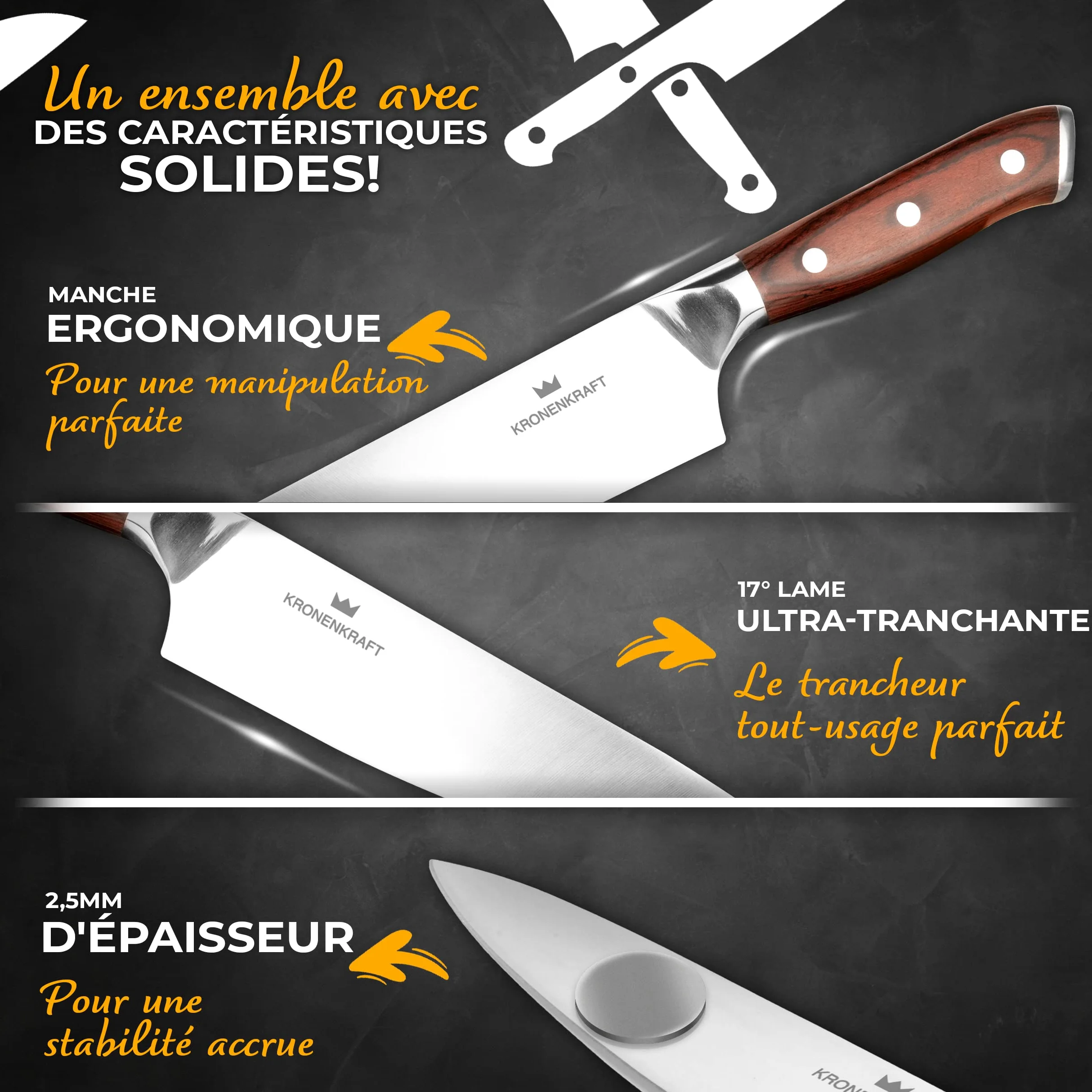 Set de Couteaux KRONENKRAFT® de 9 Pièces - Inclut Couteau de Chef, Couteau Santoku, et Plus - Fabriqué en Acier Allemand, Manche en Bois Pakka - Idéal pour Cuisine Professionnelle