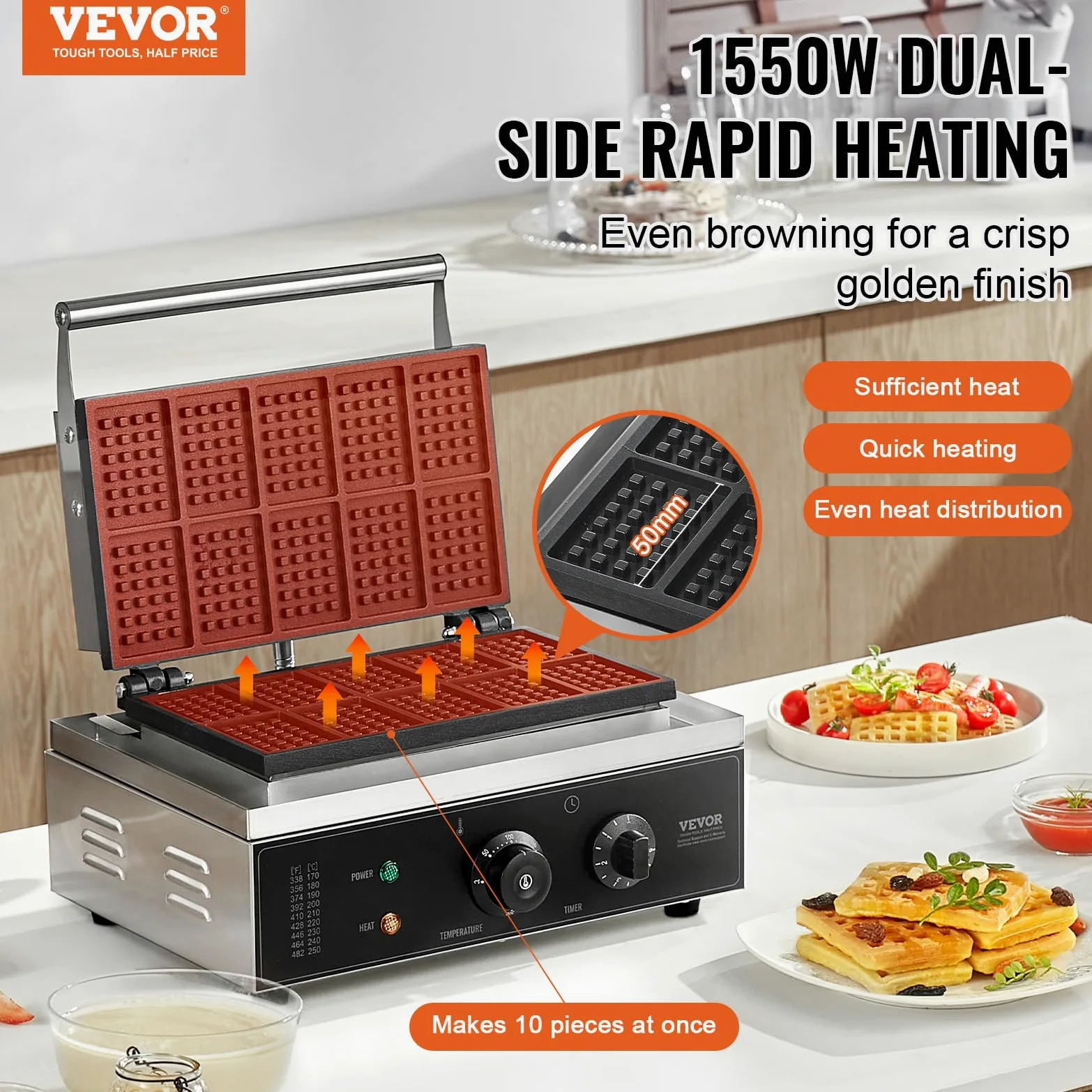 VEVOR Gaufrier Commercial 1550 W, Appareil à Gaufres Belges Rectangulaires, Capacité 10PCs, en Acier Inoxydable, Antiadhésif, avec Contrôle de la Température et du Temps, Boulangerie, Snack-bar