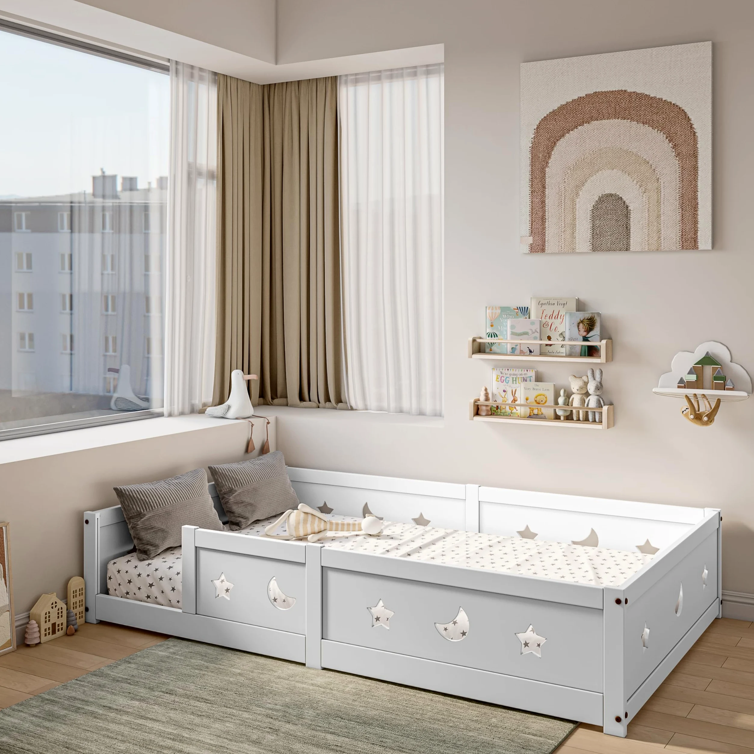 Lit pour Enfant 90x200 cm,lit au Sol Enfant en Bois Naturel avec Protection Contre Les Chutes,Lits Enfant 90x200 avec Étoiles et Lune, Lit Montessori en Panneau de Particules, Blanc
