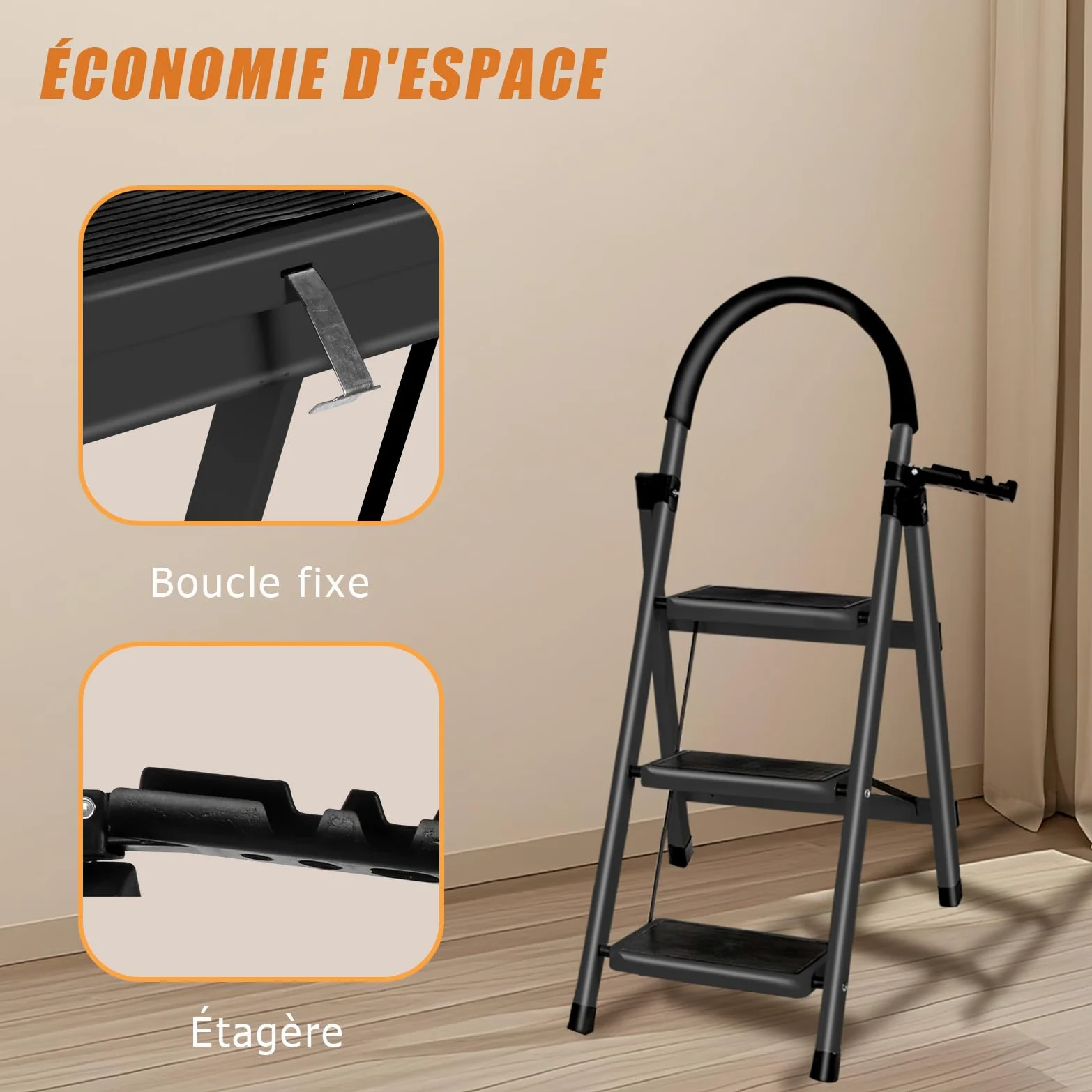 OHMG Escabeau 3 Marches avec Plateforme de Travail, Charge 150 kg Escabeau Pliable, Larges Marche Pied Pliable Antidérapantes, Tabouret en Acier Marche Pied Adulte,Charge 180 kg