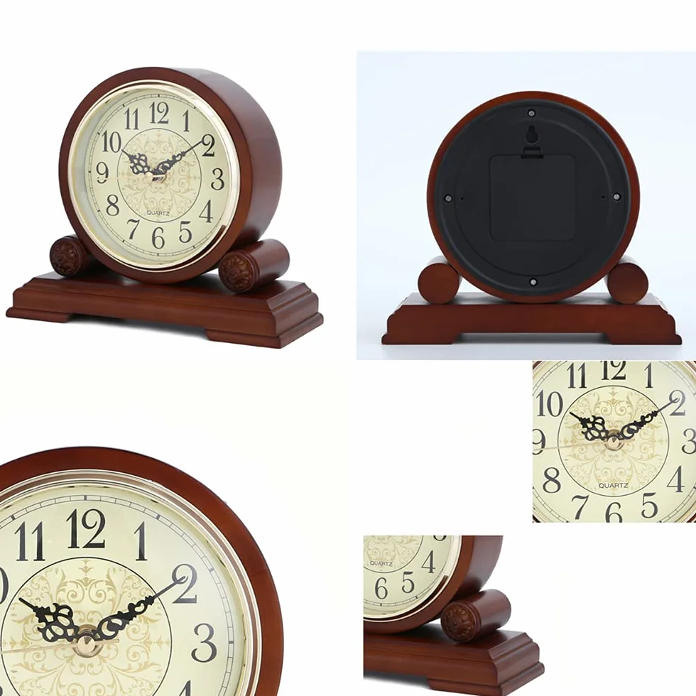 Horloge de Bureau en Bois Massif, Horloge de cheminée avec Surface en Bronze et Chiffres, Horloge à Quartz silencieuse, Horloge de cheminée 23cm Long Brown