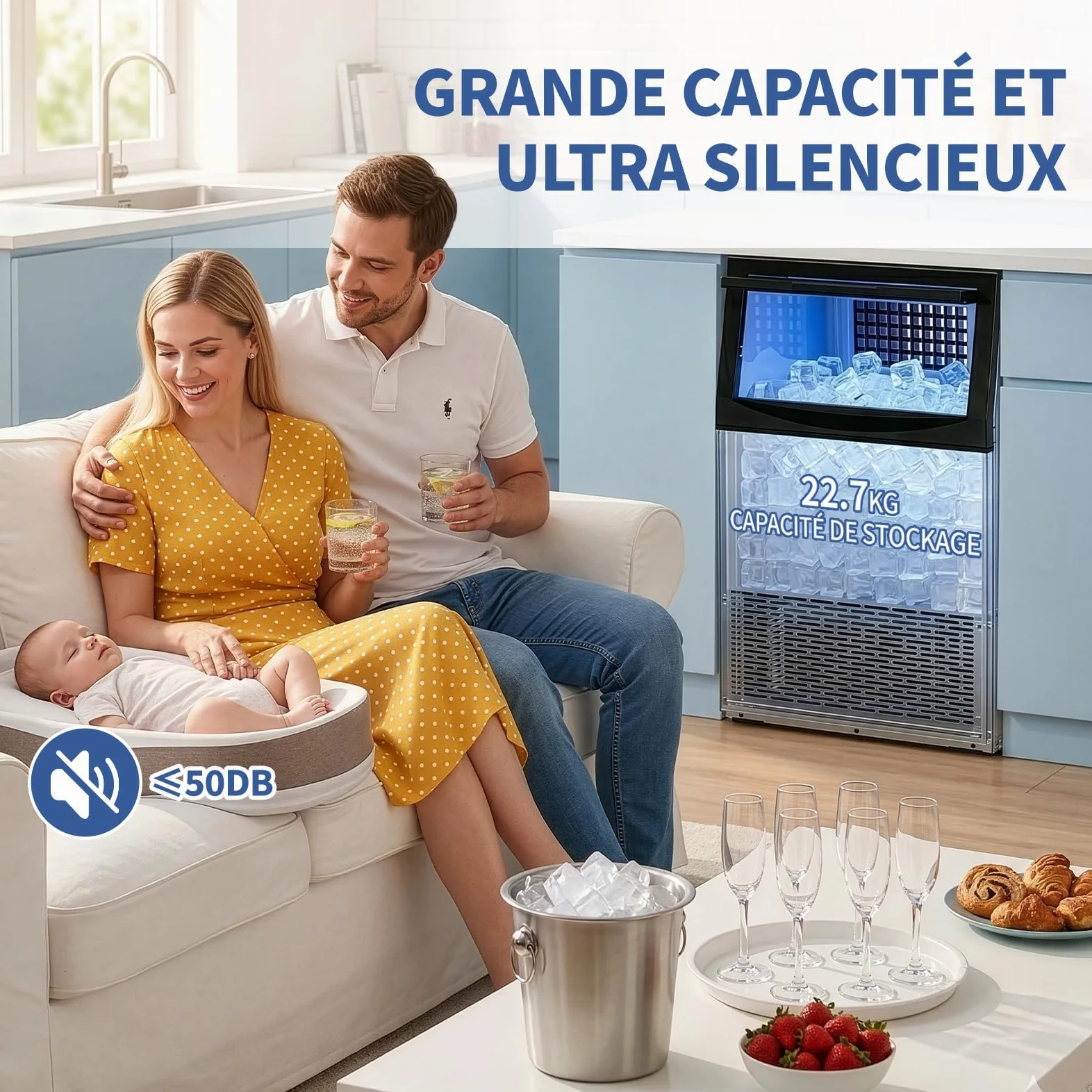 LEADZM Machine à Glaçons Commerciale 50 kg/24h, Capacité de Stockage 23 kg, 50 Glaçons par Cycle, Acier Inoxydable, Nettoyage Automatique, Idéale pour Bar, Restaurant et Café