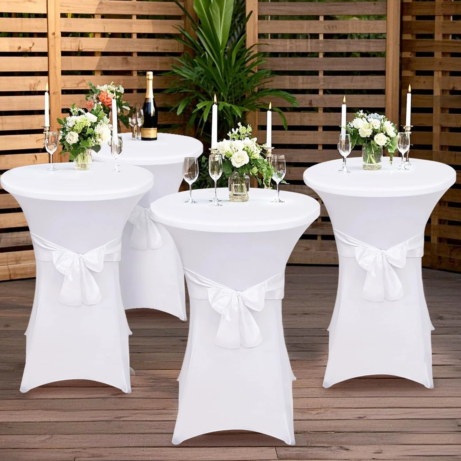 Alishomtll Lot de 3 housses de table haute avec nœud, diamètre 80 cm, extensibles, élégantes housses de table pour table de bistrot, table haute, banquet, mariage (Ø 80 x 110 cm, blanc)