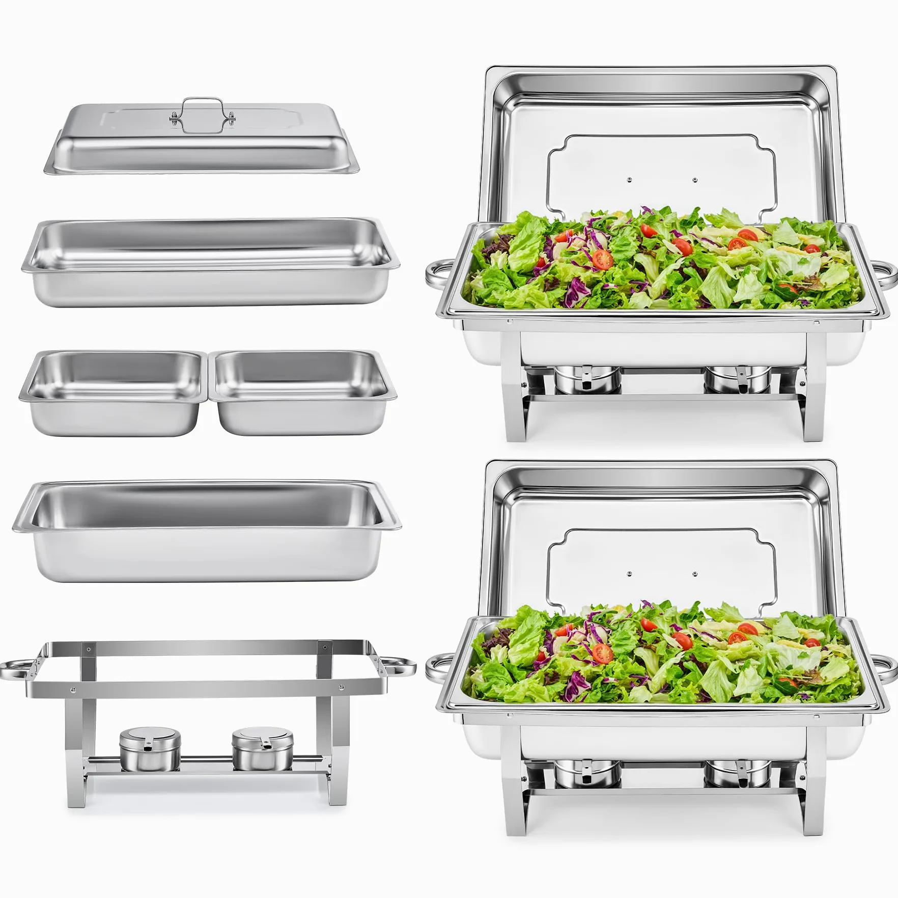 WILPREP Lot de 2 Chafing Dish Buffet 8,5L, Buffet Chauffant Chauffe Plat en Acier INOX Alimentaire avec Cadre Pliable (2×GN1/1+4×GN1/2)