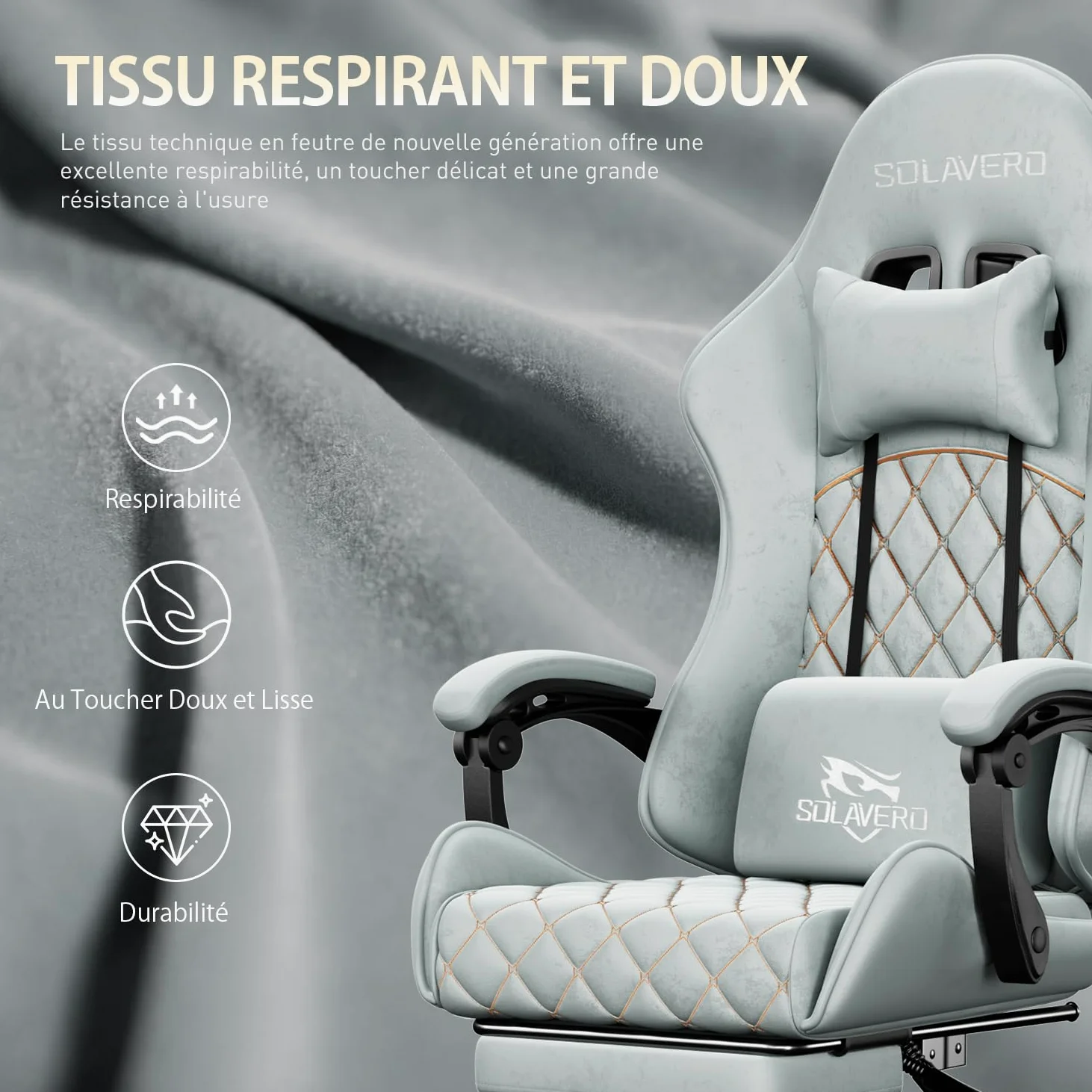 SOLAVERO Chaise Gaming en Tissu Suédine, Fauteuil Gamer Ergonomique avec Support Lombaire Massante, Siège de Bureau avec Repose-Pieds Télescopique, Charge 150kg, Bleu Clair