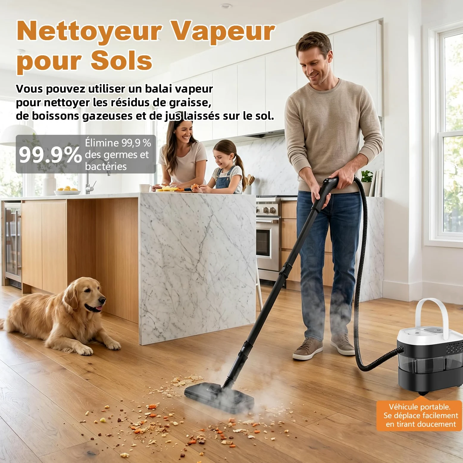 Nettoyeur Vapeur avec Balai, Poignée Réglable à 3 Positions, Chariot de Transport, Réservoir d'eau de 1,6 L, Temps de Chauffe de 15 Secondes, 17 Accessoires, pour Sols, Cuisines, Fenêtres