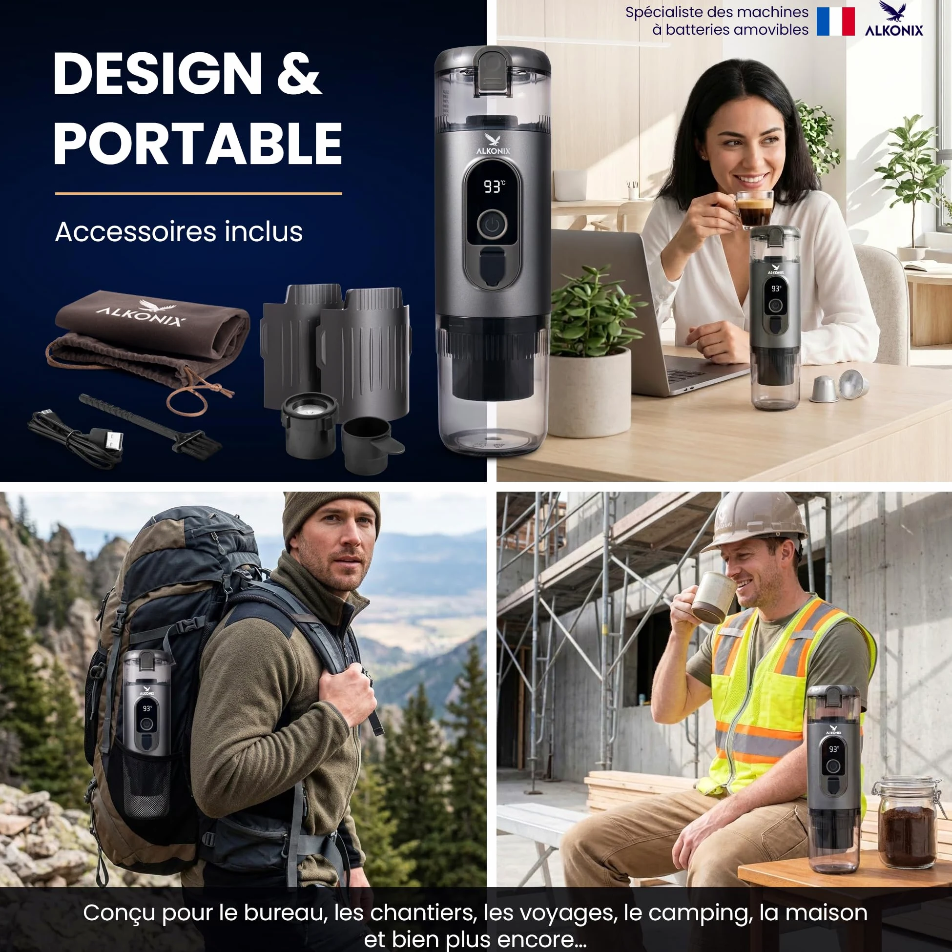 Machine à Café Portable USB-C – Cafetière Nomade Espresso Rechargeable avec 2 Batteries Amovibles – Compatible Capsules Standards & Café Moulu – Chauffe Intégrée (Gris)