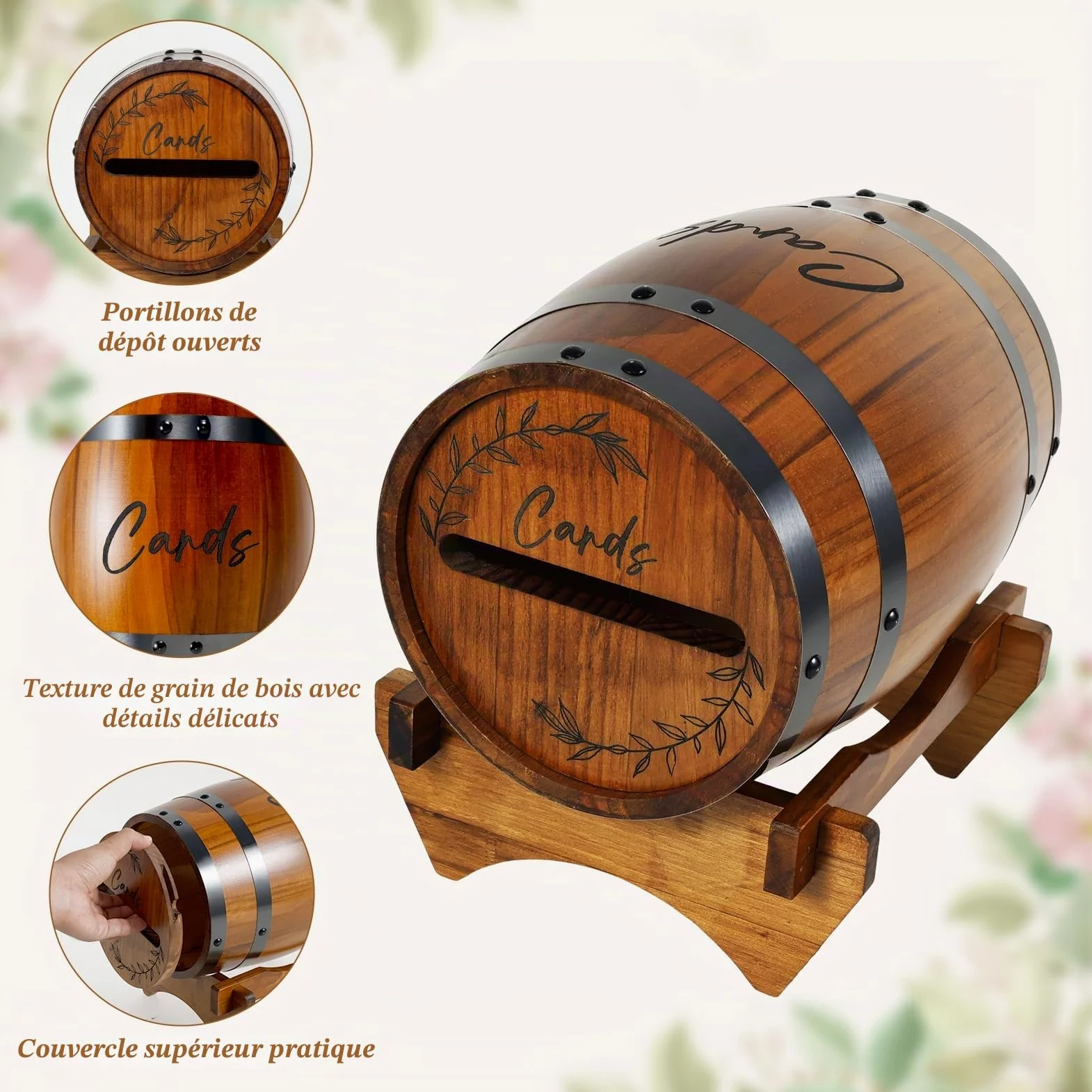 Boîte de rangement en bois pour cartes de mariage en forme de baril de whisky - Housse de rangement pour argent - Housse pour mariage, douche nuptiale, fête d'anniversaire - Décor (brun)