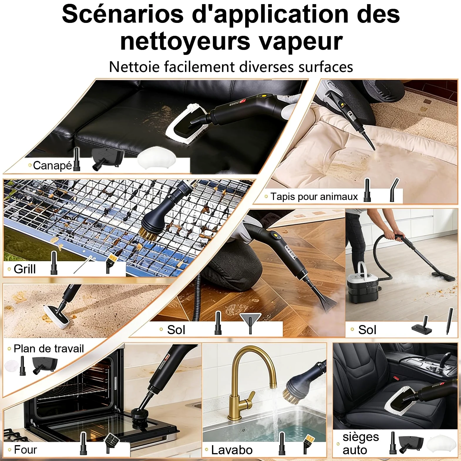 Nettoyeur Vapeur avec Balai, Poignée Réglable à 3 Positions, Chariot de Transport, Réservoir d'eau de 1,6 L, Temps de Chauffe de 15 Secondes, 17 Accessoires, pour Sols, Cuisines, Fenêtres