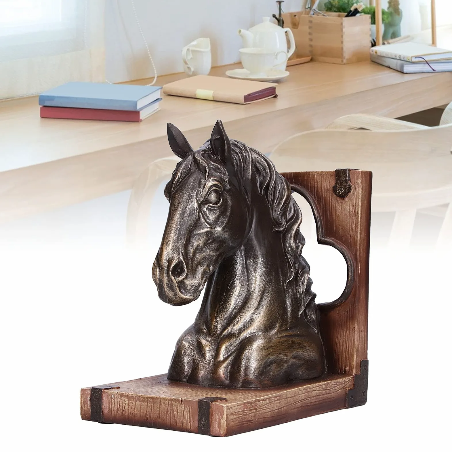 Serre-Livres de Cheval, Sculpture de tête de Cheval Durable Stable Portable Exquis pour Anniversaire pour la Maison pour Le Bureau(BS20900 Cheval de Bronze (Simple))