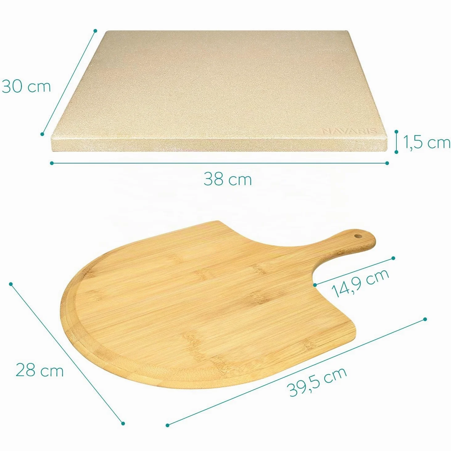 Navaris Pierre à Pizza avec Pelle - Kit Pierre Pizza Rectangulaire XL 38x30cm et Pelle en Bambou - Four Traditionnel Bois Barbecue Grill et Charbon