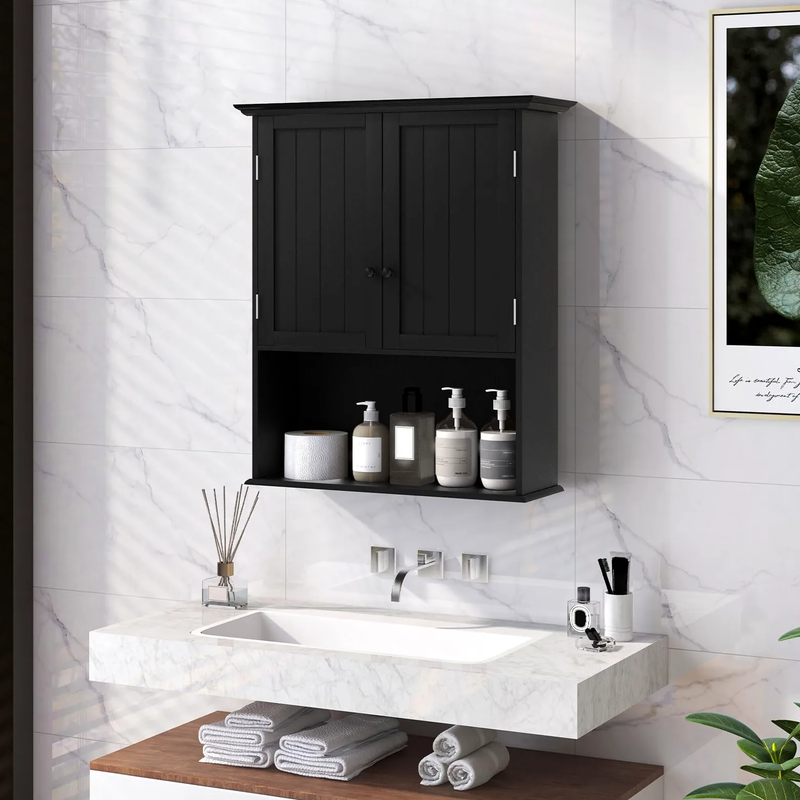 LIFEZEAL Armoire Murale Salle de Bain, Meuble Rangement Mural avec Etagère Réglable et 2 Portes, Placard de Rangement en Bois 60x20x70,5 CM, pour Cuisine, Salon, Chambre, Noir