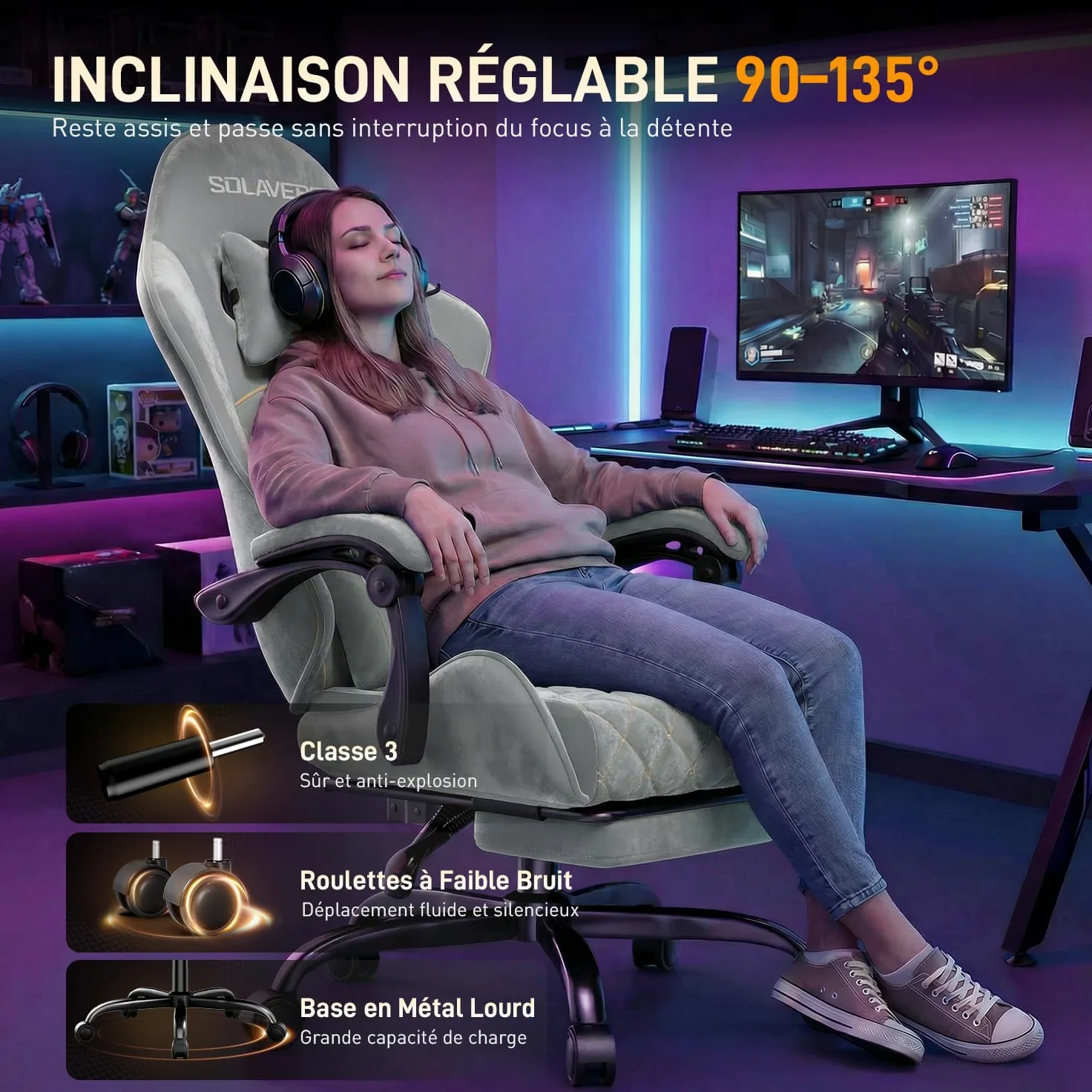 SOLAVERO Chaise Gaming en Tissu Suédine, Fauteuil Gamer Ergonomique avec Support Lombaire Massante, Siège de Bureau avec Repose-Pieds Télescopique, Charge 150kg, Bleu Clair