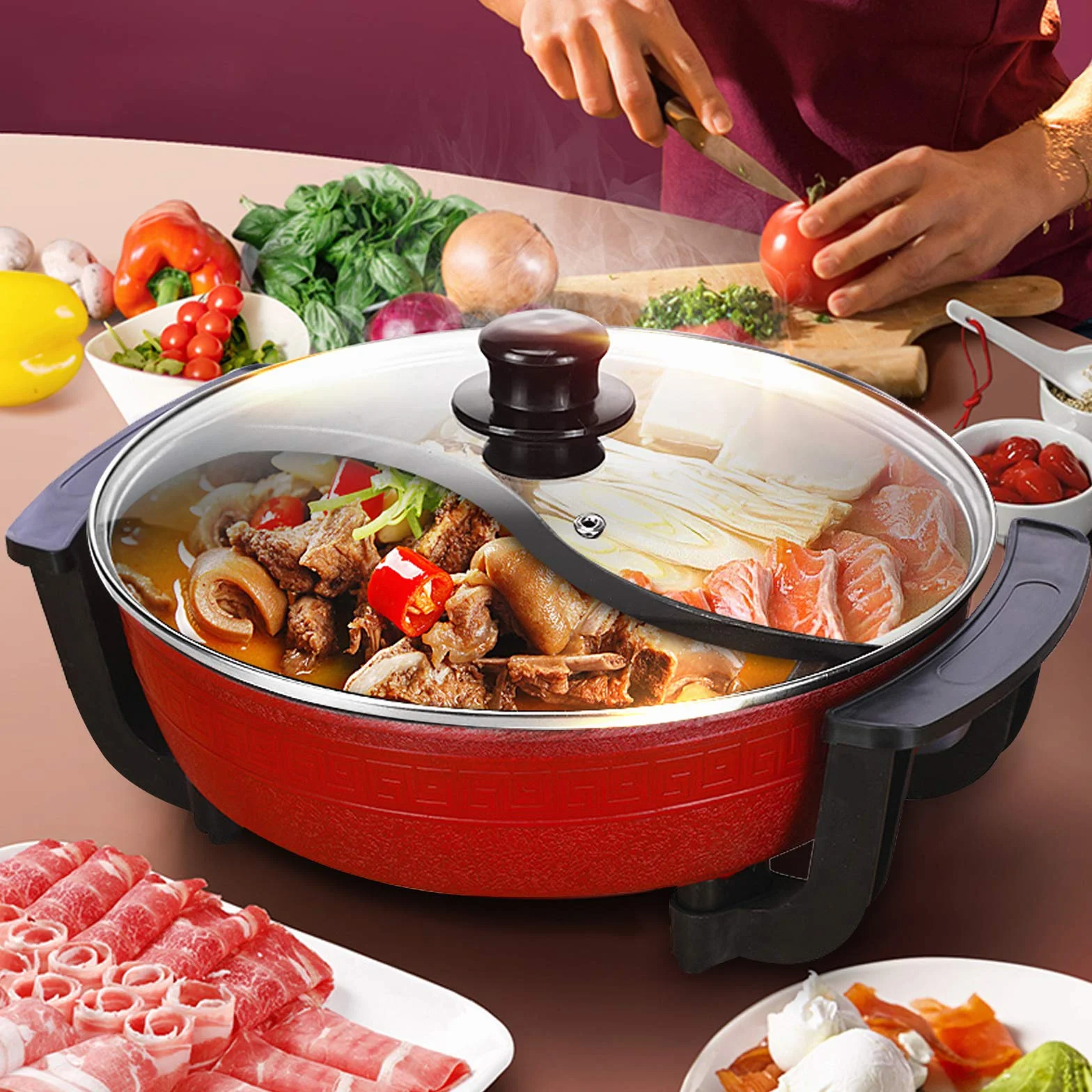 Poêle électrique multifonction 6 l - Double casserole Yin Yang Hotpot - Antiadhésive - Pour la maison - Réglage de la température : 1300 W
