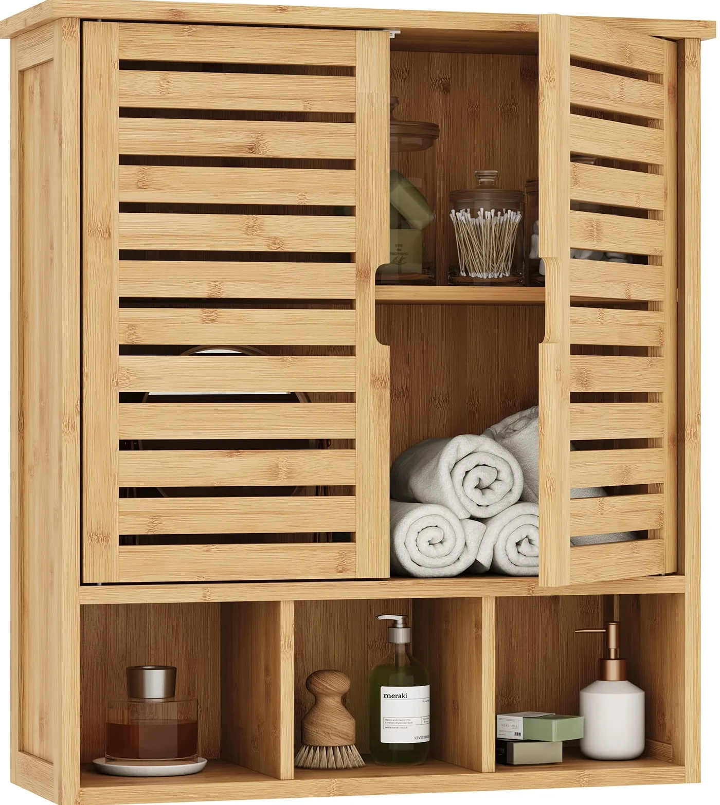 VIAGDO Armoire Murale de Salle de Bain, Meuble de Rangement avec 3 Compartiments Ouverts et Étagère Réglable, Armoire à Pharmacie Suspendue en Bambou avec 2 Portes, 59 x 21 x 67 cm