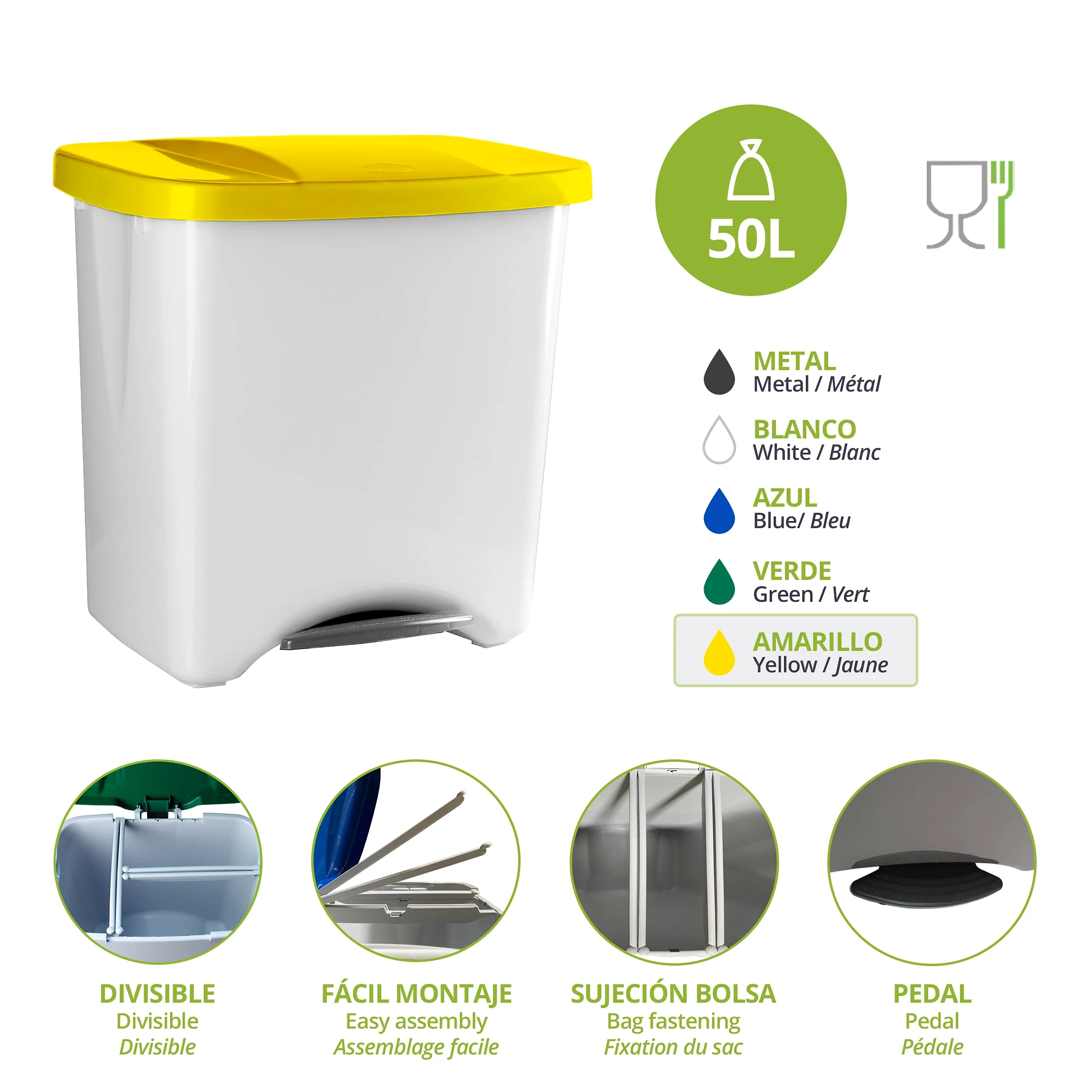 Poubelle à Pédale Écologique, 50 L, Jaune