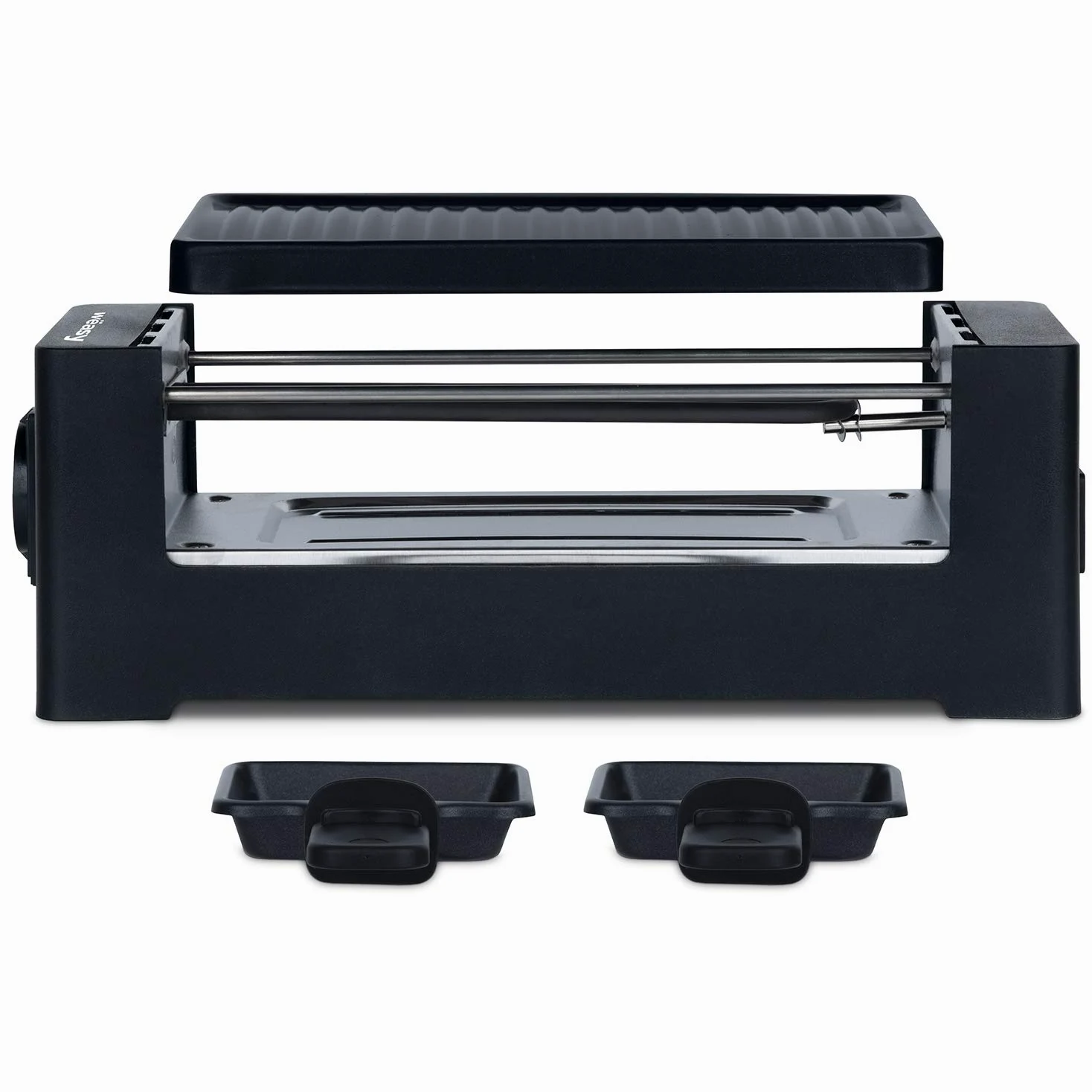 Wëasy Appareil à Raclette 2 Personnes TIK12, Multifonction 2 en 1 Raclette et Grill, Connectable avec TAK12 et Jusqu'à 4 Appareils, Antiadhésif, Noir