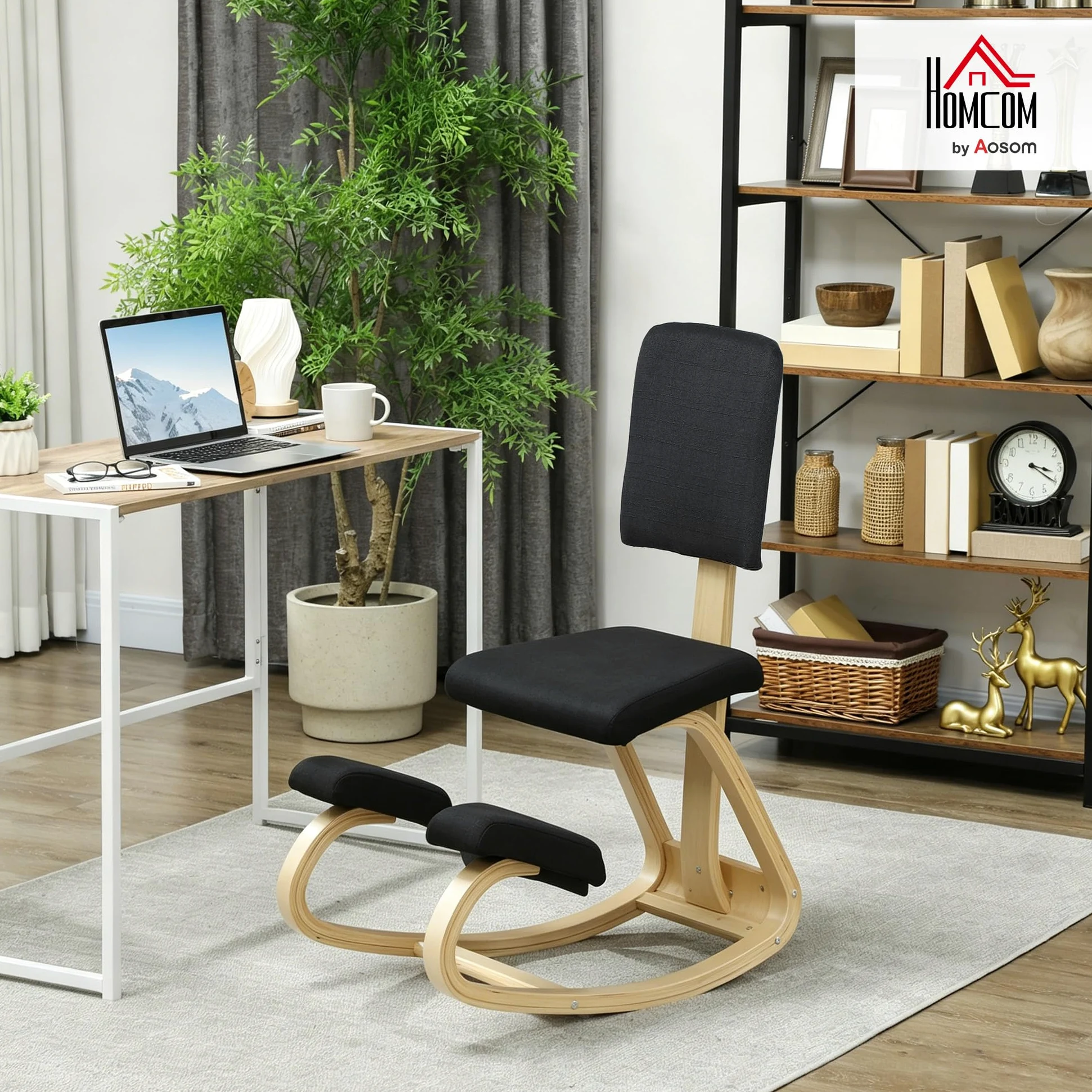 HOMCOM Chaise à Genoux Ergonomique avec Dossier, siège Assis Genoux à Bascule, Tabouret Ergonomique, Tabouret Bureau orthopédique, correcteur de Posture, soulager Les douleurs au Dos, Noir