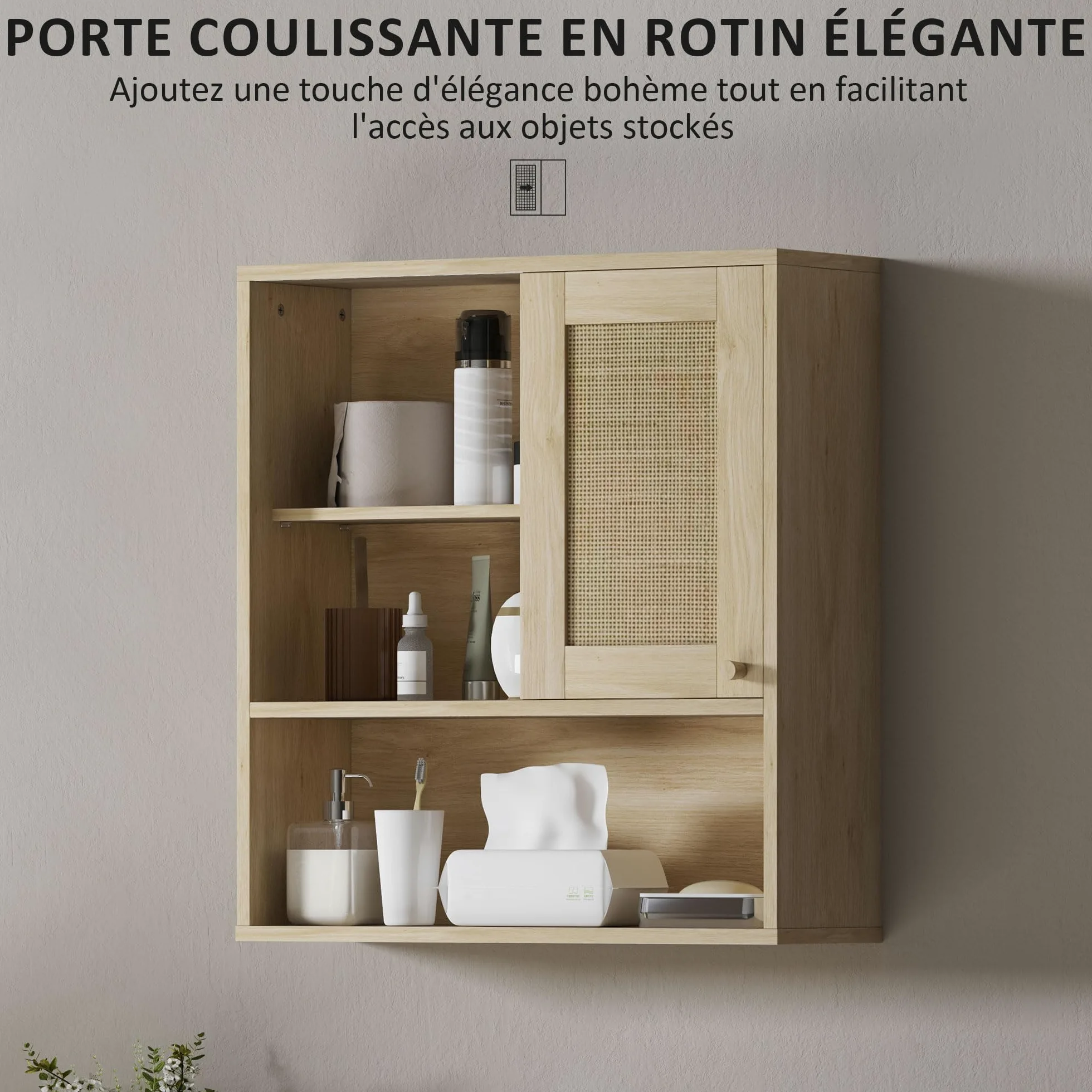 HOMCOM Armoire murale, meuble haut salle de bain avec porte coulissante en rotin et étagères ouvertes, meuble de salle de bain style bohème, meuble de rangement suspendu, 60 x 20 x 65 cm, bois naturel