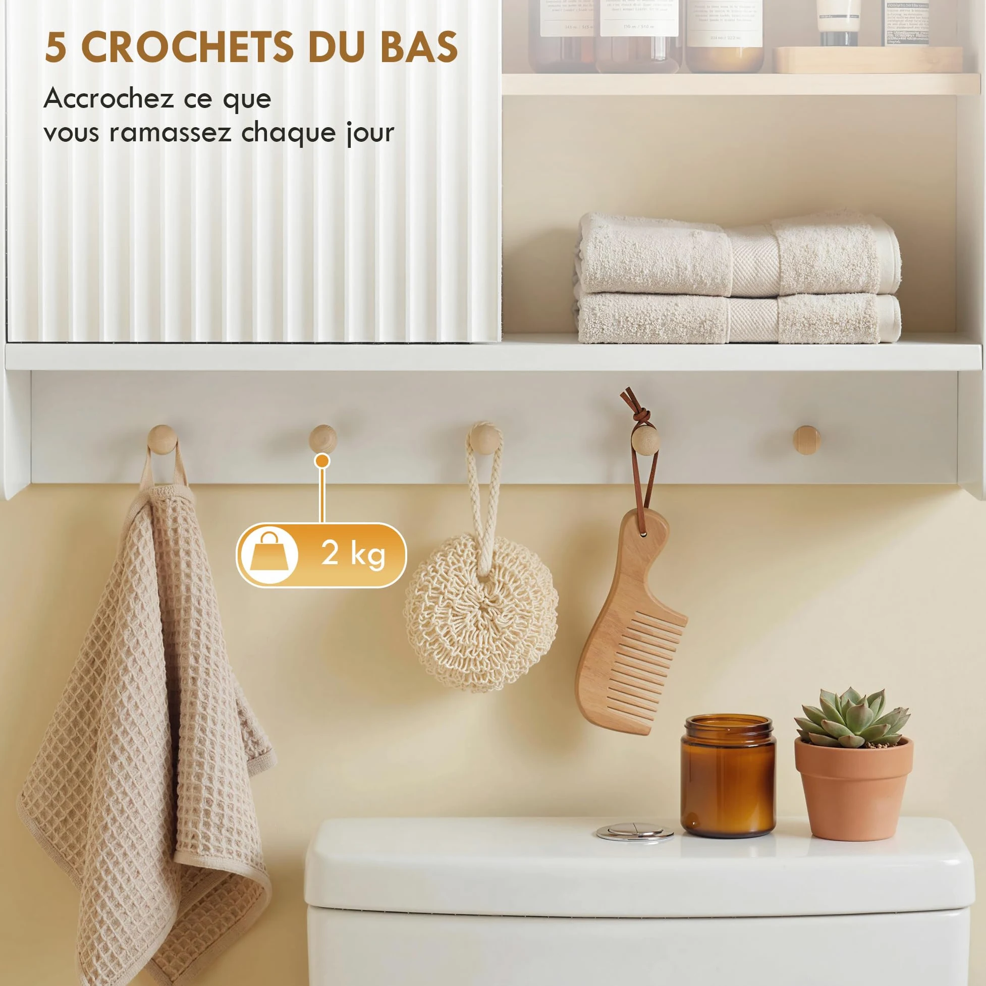HOMCOM Armoire Murale de Salle de Bain, Meuble de Rangement Suspendu pour Salle de Bains avec Porte, étagères Ouvertes et 5 Crochets, Meuble WC Suspendu, 60 x 20 x 40 cm, Blanc et chêne