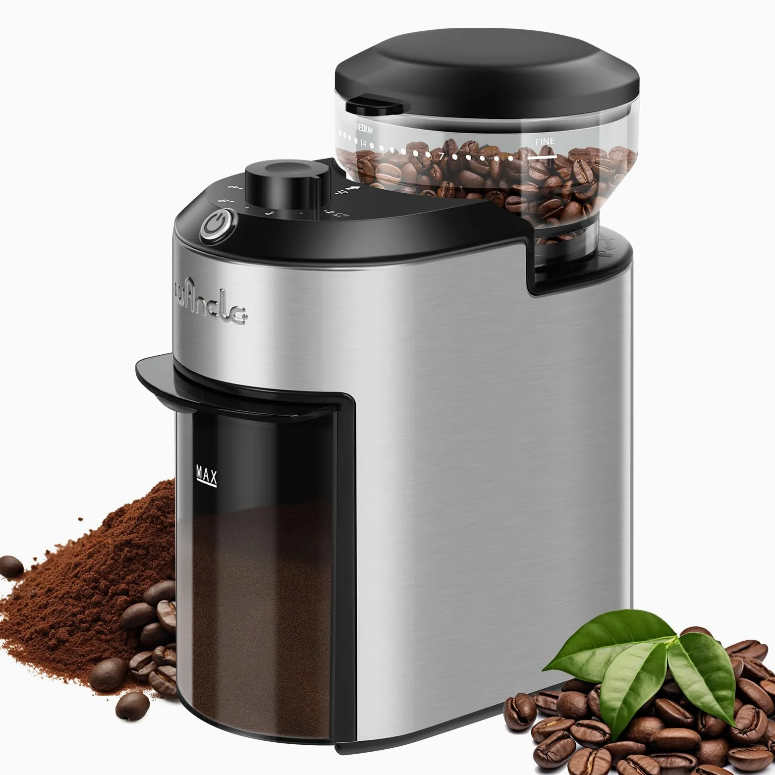 Moulin à Café à Meule Wancle 200W avec 28 Réglages de Mouture, Protection Contre la Surchauffe, Capacité de 2 à 12 Tasses, Design Compact pour un Rangement Facile, Acier Inoxydable, 220V