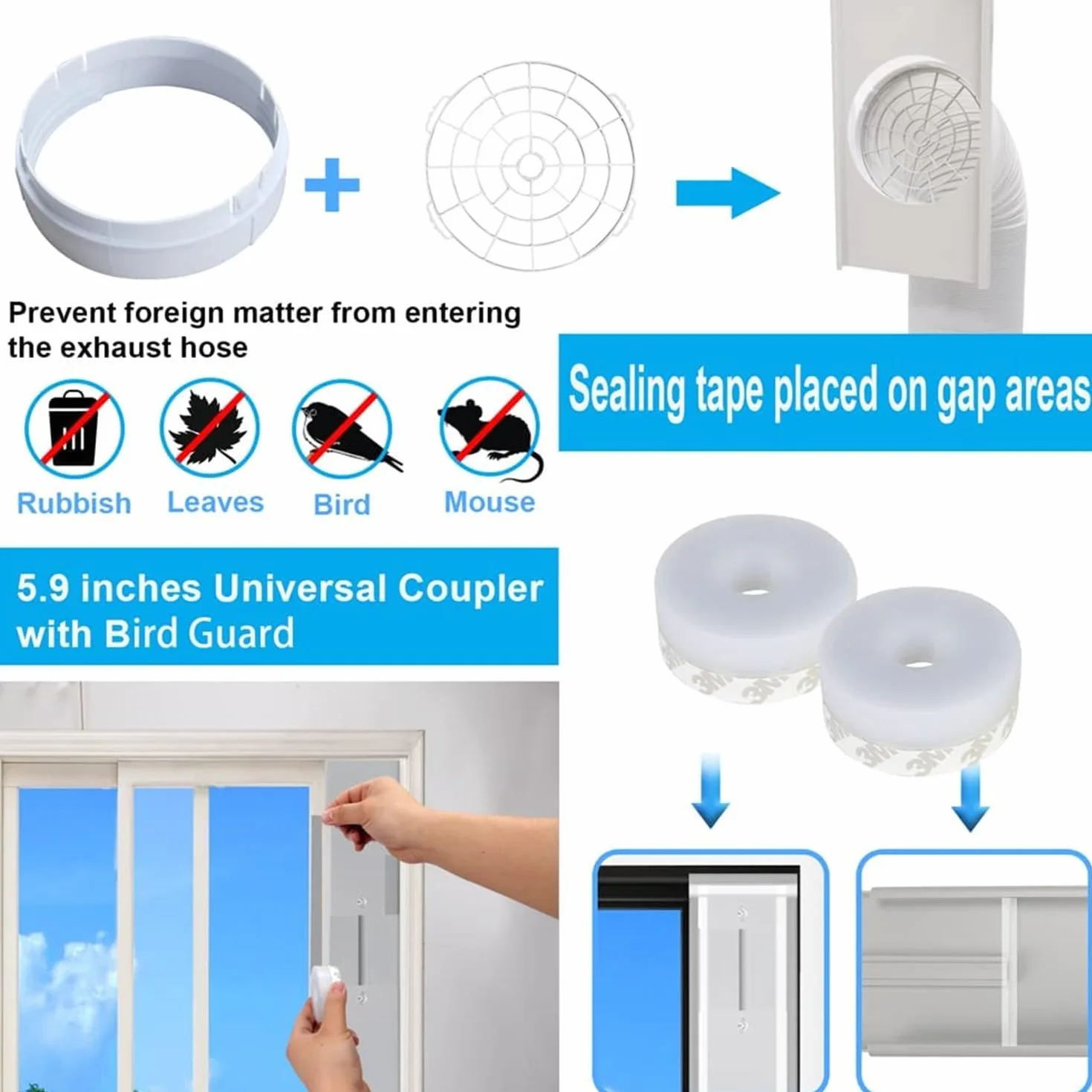 Kit de Fenêtre Climatiseur Mobile, Kit de Glissière de Fenêtre Climatiseur Portable, Kit Calfeutrage Fenêtre Coulissante Climatiseur Mobile avec Adaptateur de Tuyau (Ø15cm, 43-229cm)