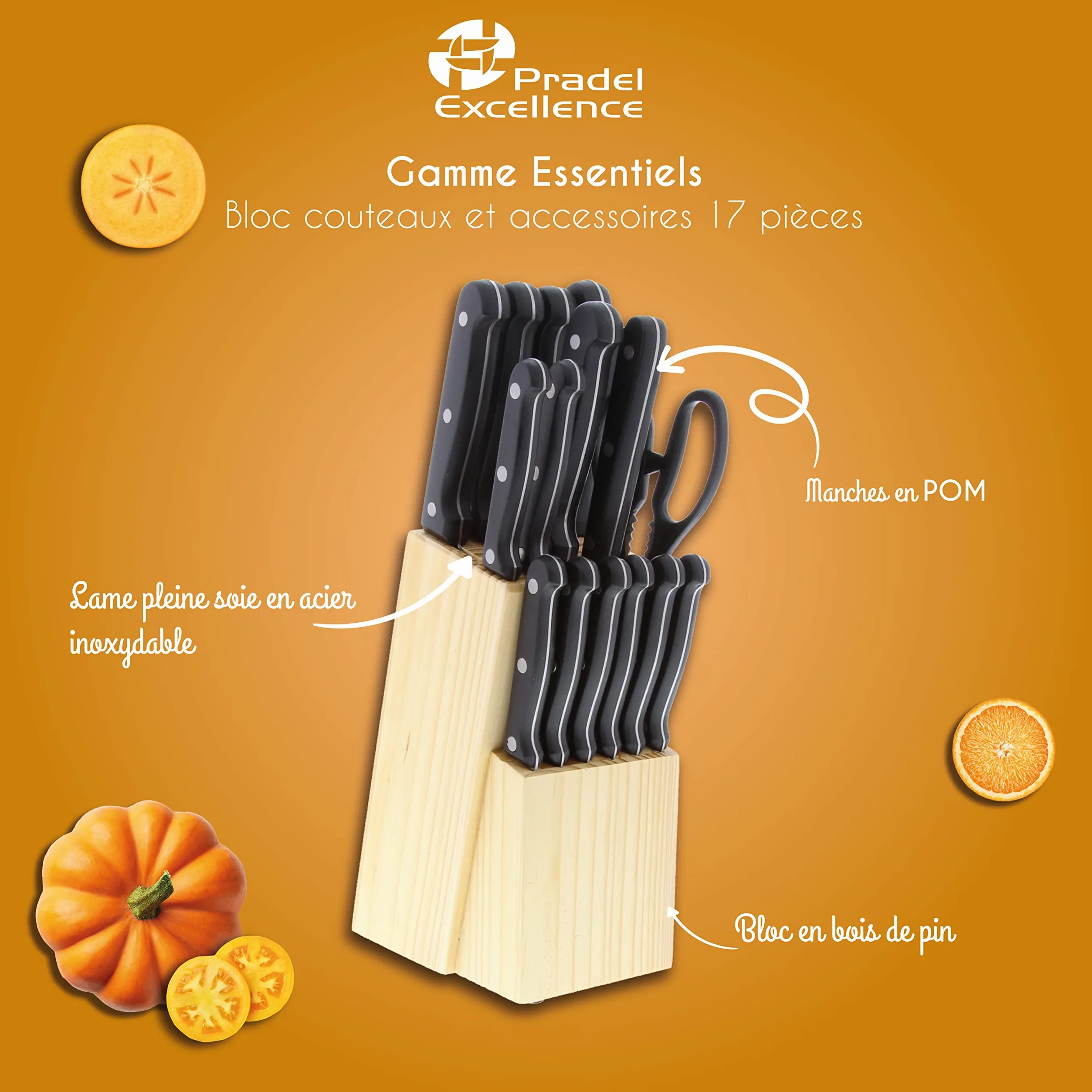 Pradel Excellence - Bloc Couteaux et Accessoires 17 Pièces - Lames Acier Inoxydable - Manches POM 3 Rivets - Fourchette, Fusil, Ciseaux - Bloc Bois - Boîte Couleur