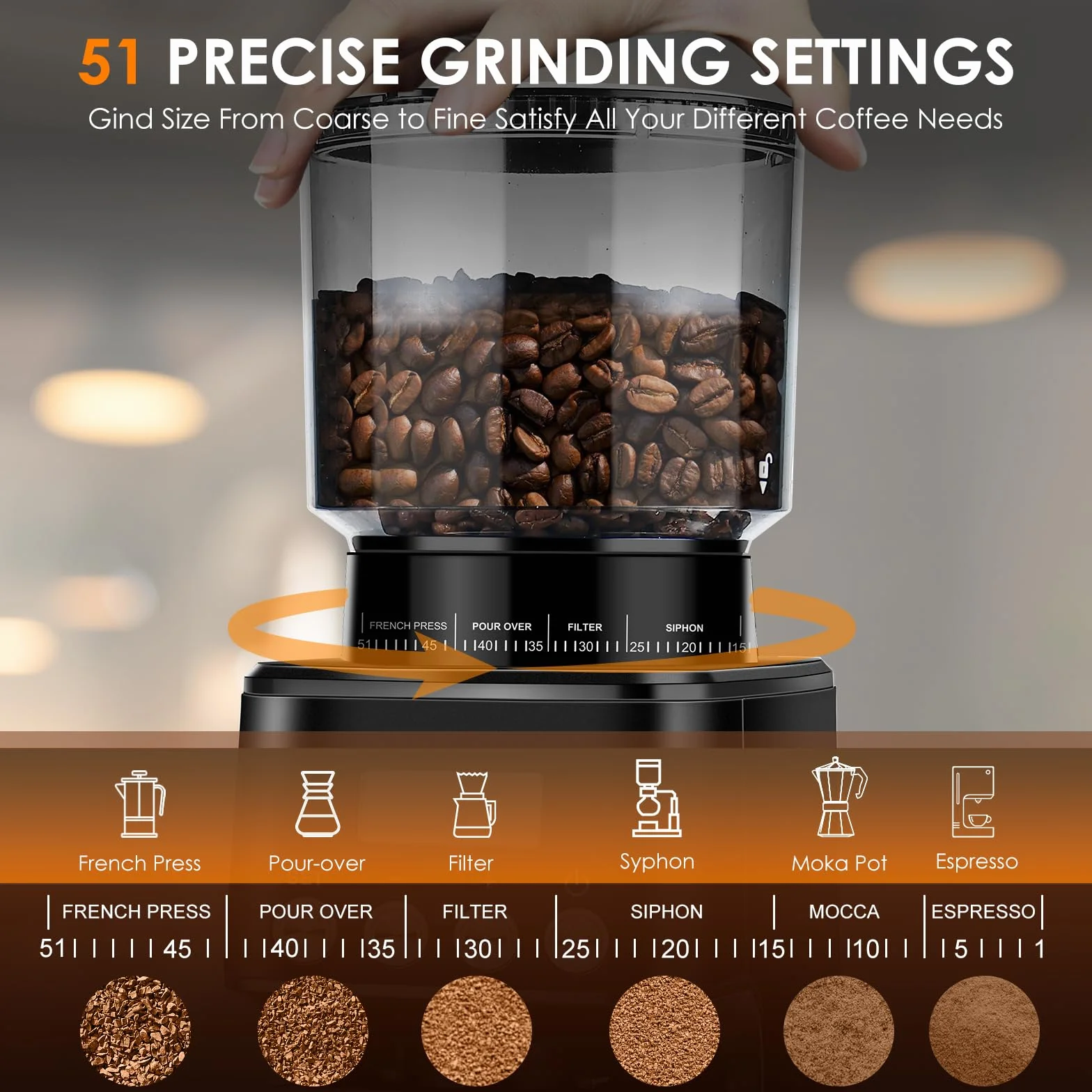 Homtone Moulin à Café Électrique, 51 Niveaux de Mouture Réglables, Broyeur à Meule Conique en Acier Inoxydable, Antistatique, pour Espresso, Café Filtré, French Press, 160 W (Argent)