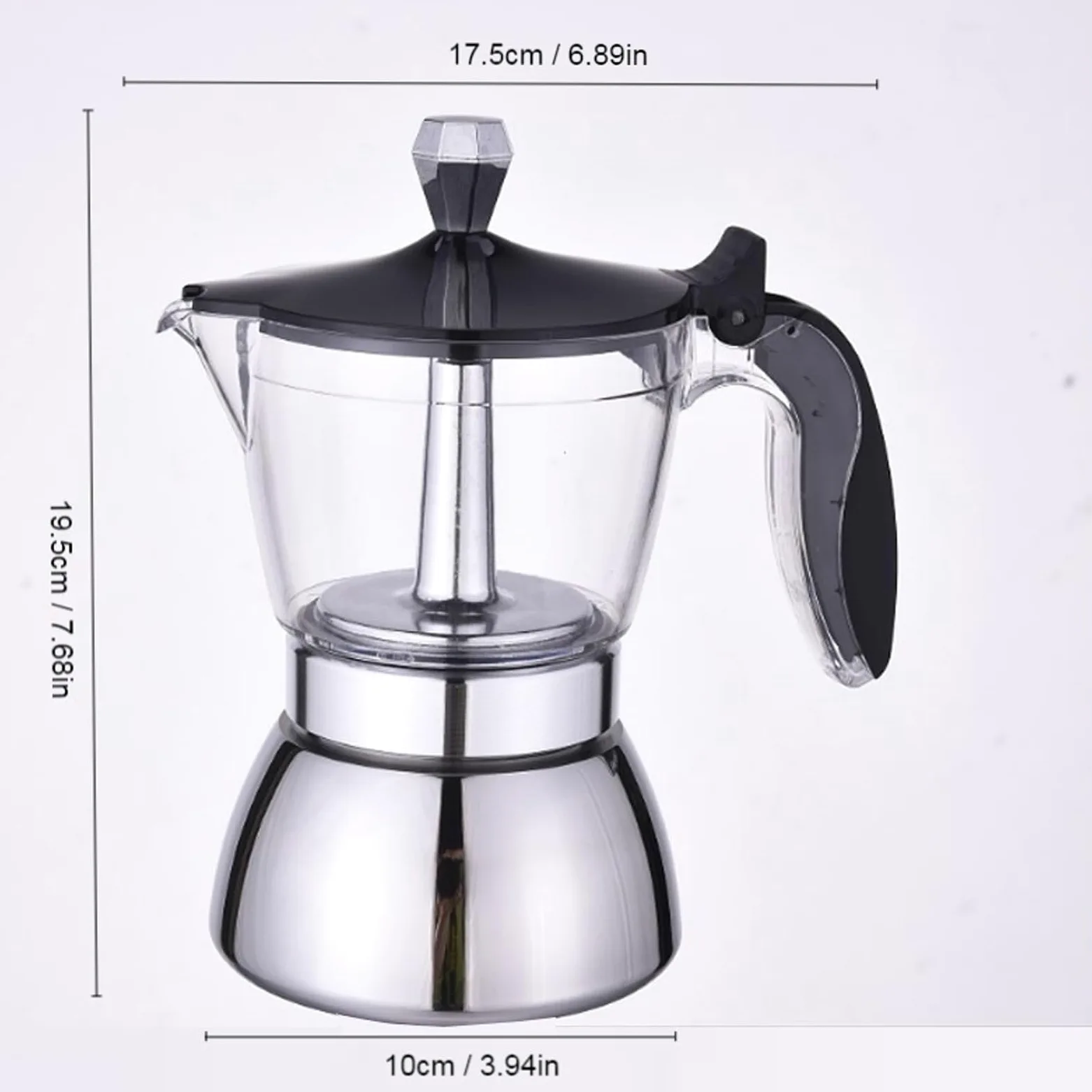 Cafetière italienne en acier inoxydable avec couvercle transparent pour faciliter l'infusion du café, capacité de 4/6 tasses, idéale pour la maison ou les petites réunions