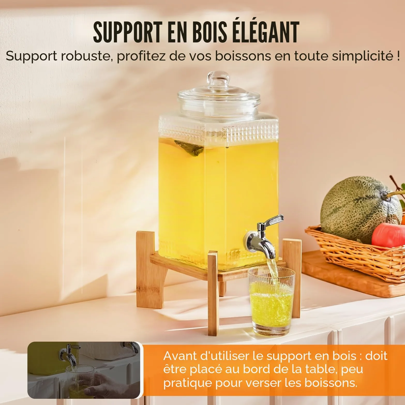 VEVOR Distributeur de Boissons de 5,5 L, Fontaine à Eau en Verre Alimentaire avec Support, Robinet en Acier Inoxydable, Distribution de Jus Limonade Thé Glacé, pour Restaurants, Hôtels, Cafés, Soirées